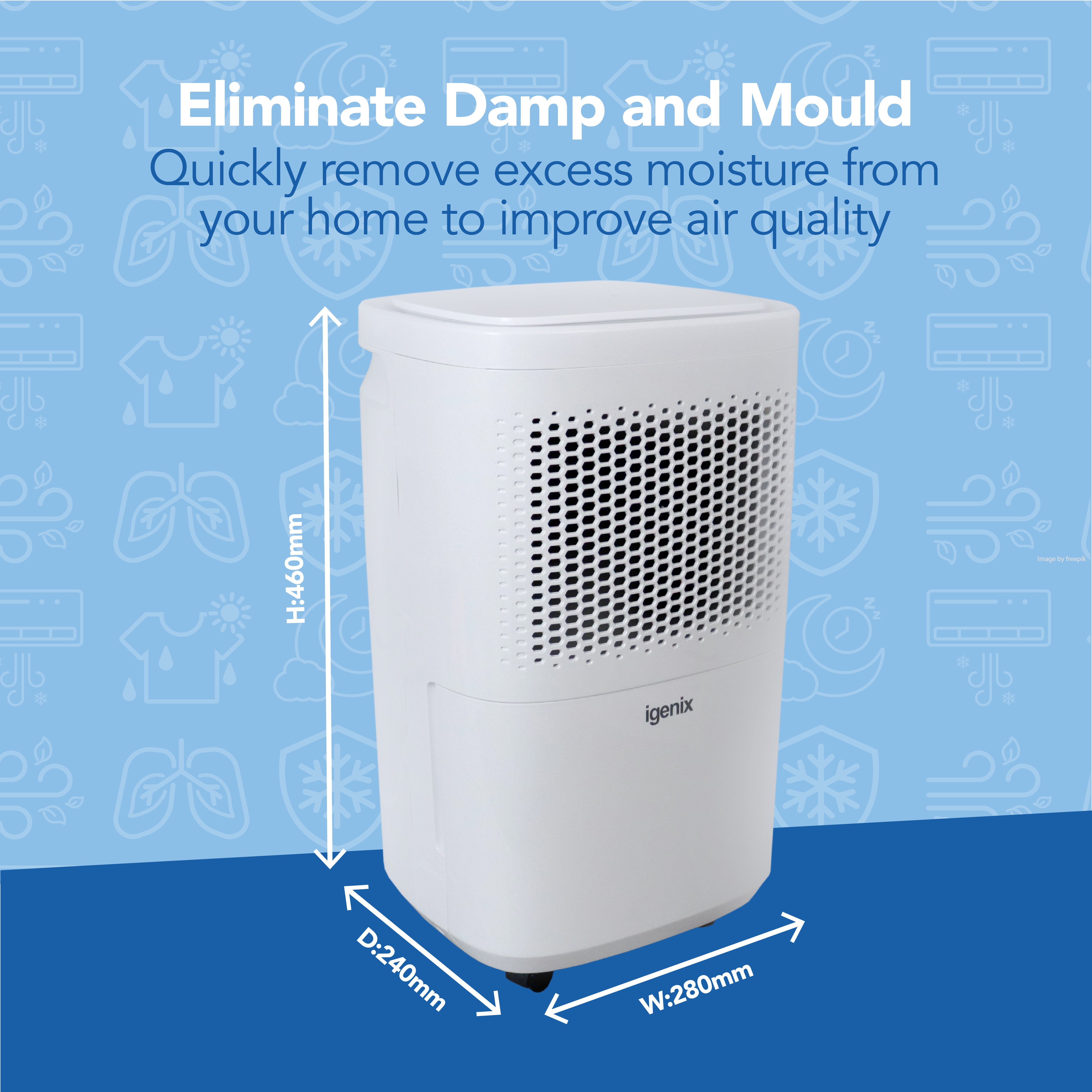 The Igenix Portable Dehumidifier, extracting 12 litres per day, is shown on a blue background (460mm H x 280mm W x 240mm D). Quickly reduce damp and mould to improve air quality with continuous drainage.
