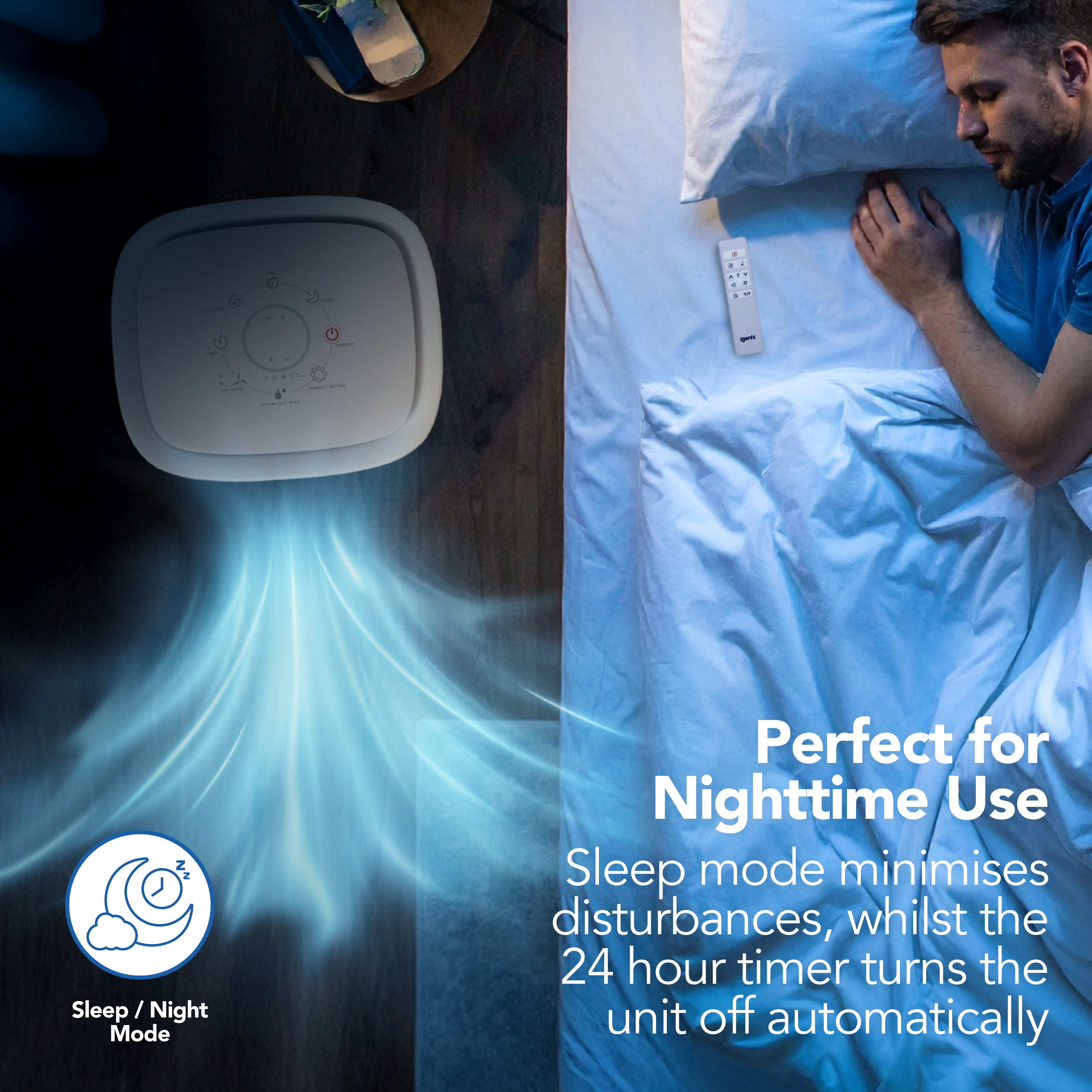 A man sleeps in bed beside a remote while cool air flows from the Igenix Portable Dehumidifier (extracts 12L/day). Text reads: Perfect for Nighttime Use—sleep mode reduces disturbance, plus 24-hour timer and continuous drainage for convenience.