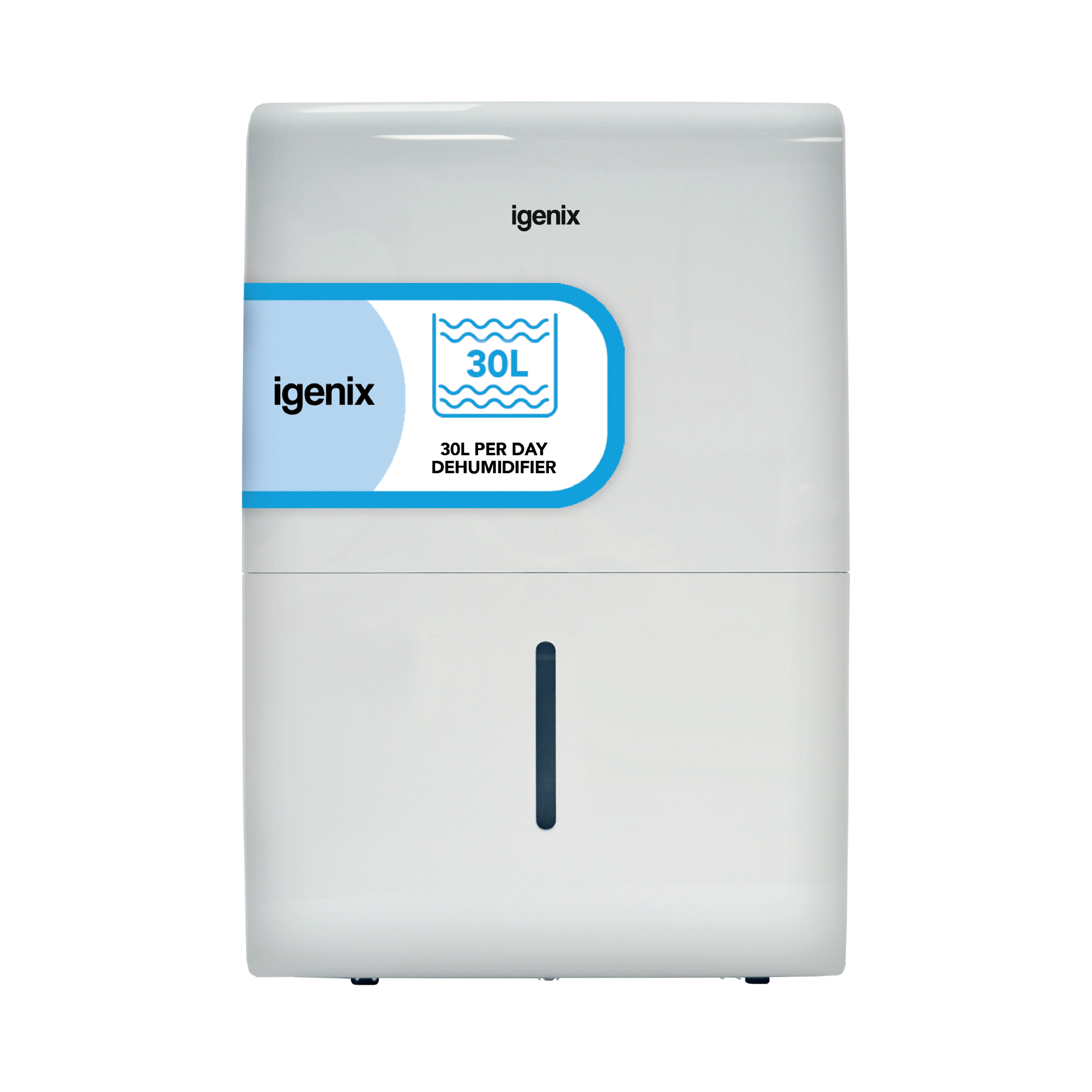 The Igenix Portable Dehumidifier extracts 30 litres per day, has a white rectangular design with a blue front label, visible water level indicator, and allows continuous drainage for efficient moisture control. Easily portable for flexible placement.