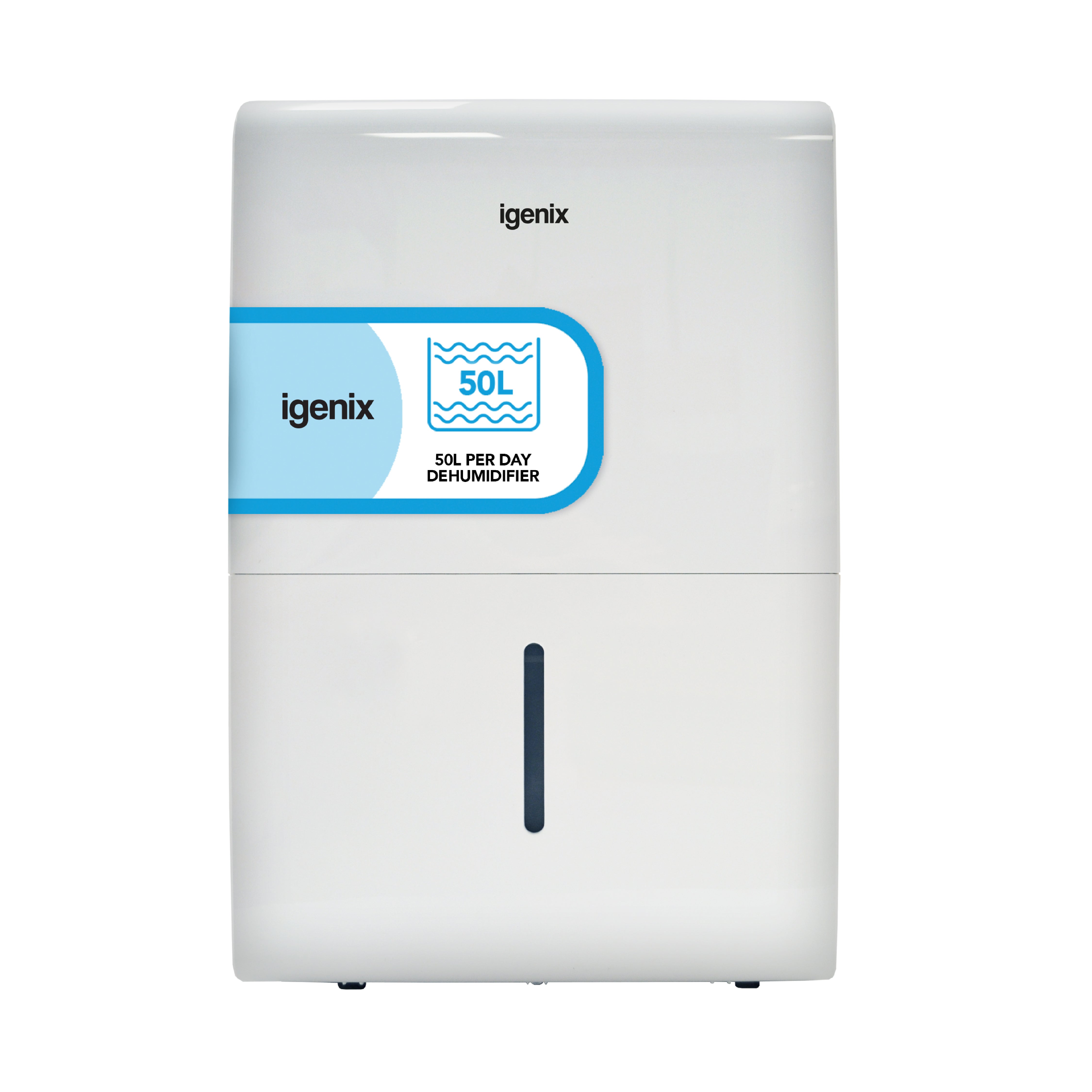 The Igenix Portable Dehumidifier extracts 50 litres of moisture per day and features a simple, modern white design with a small water level window.