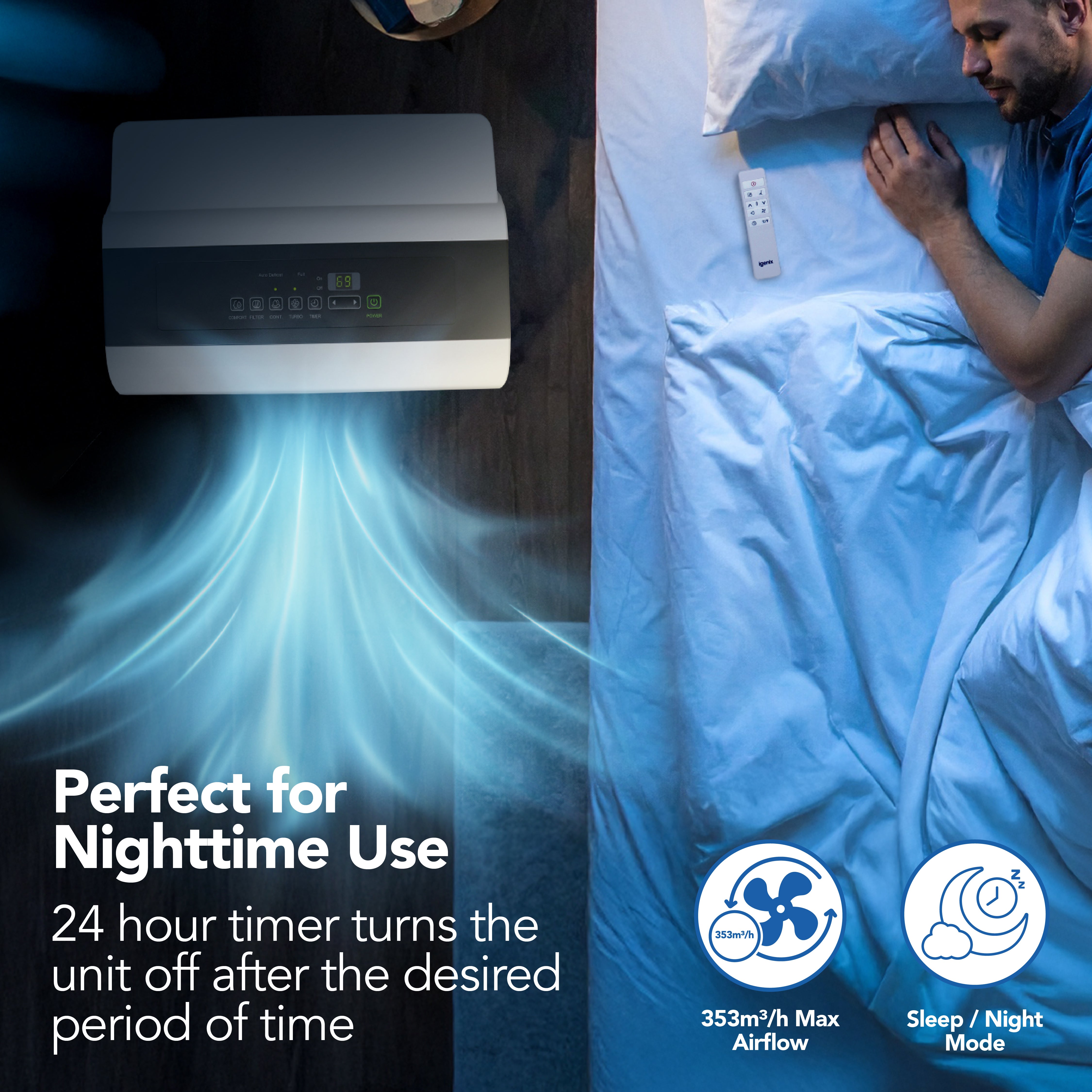 A man sleeps peacefully as the wall-mounted Igenix Portable Dehumidifier extracts 50 litres of moisture per day. Icons highlight max airflow and night mode, making it perfect for nighttime use.