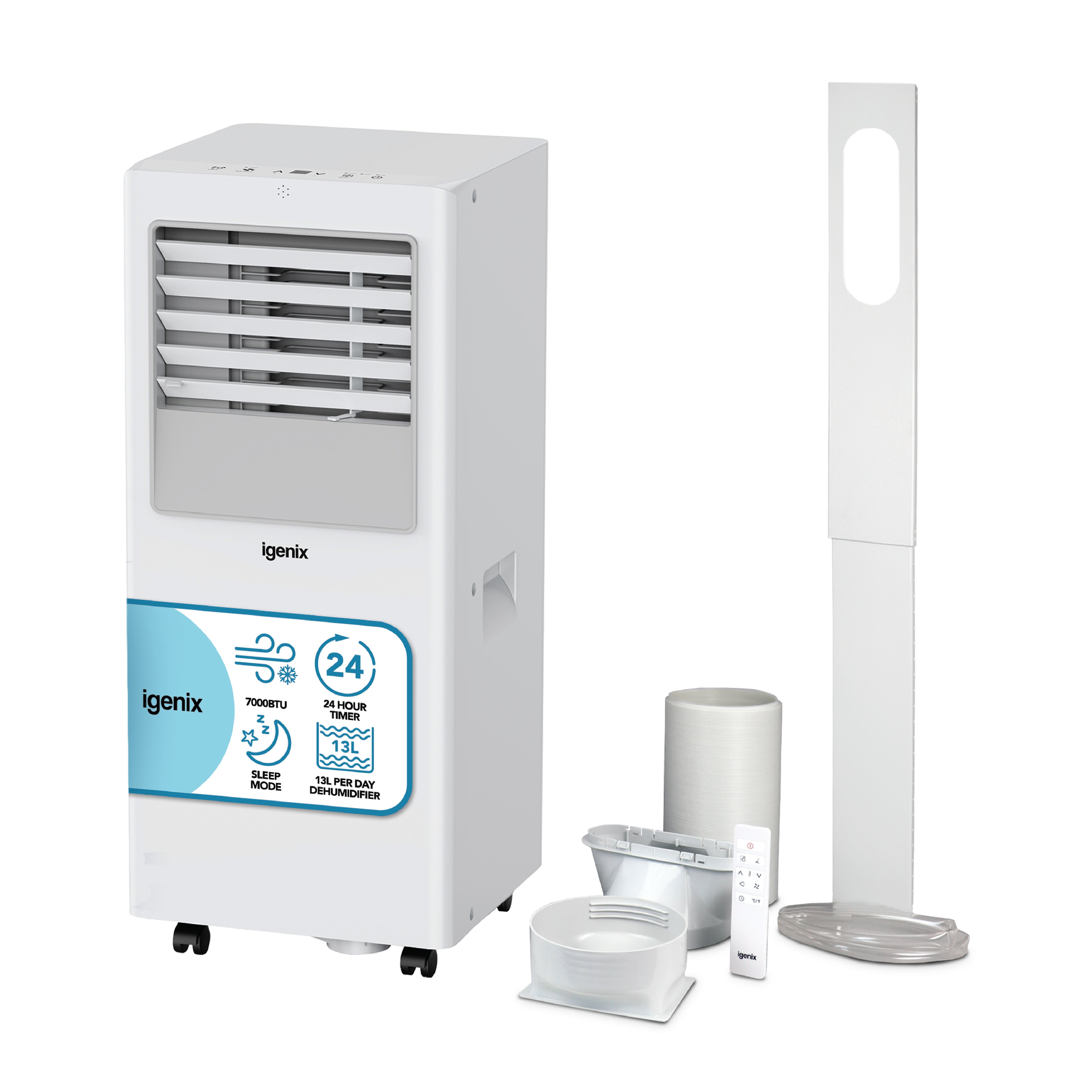 The Igenix 3-in-1 Portable Air Conditioner, Cooling, Fan & Dehumidifier (7000 BTU) is displayed in white with a digital display, vents, and prominent logo. Shown next to its exhaust hose, window kit, remote control, and accessory parts on a white background, this unit delivers efficient cooling for your space and features easy portability and setup.