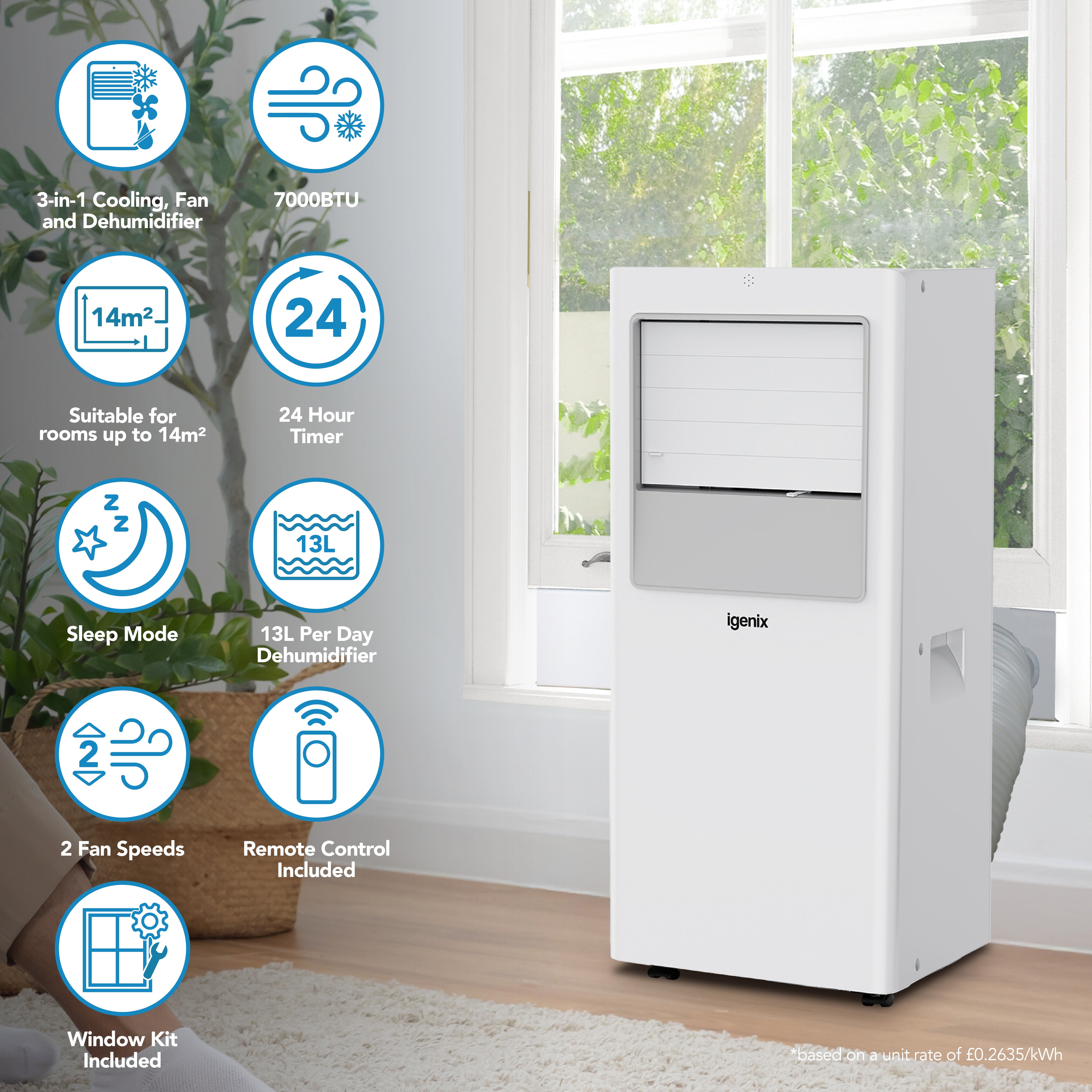 An elegant Igenix 3-in-1 Portable Air Conditioner in sleek white sits in a sunlit room next to a cozy sofa, effortlessly complementing the modern decor. To the left, icons showcase its outstanding features: this versatile unit delivers 7000 BTU of cooling power for rooms up to 14m², acts as a fan and a powerful 13L dehumidifier, and includes convenient options such as a 24-hour timer and sleep mode.