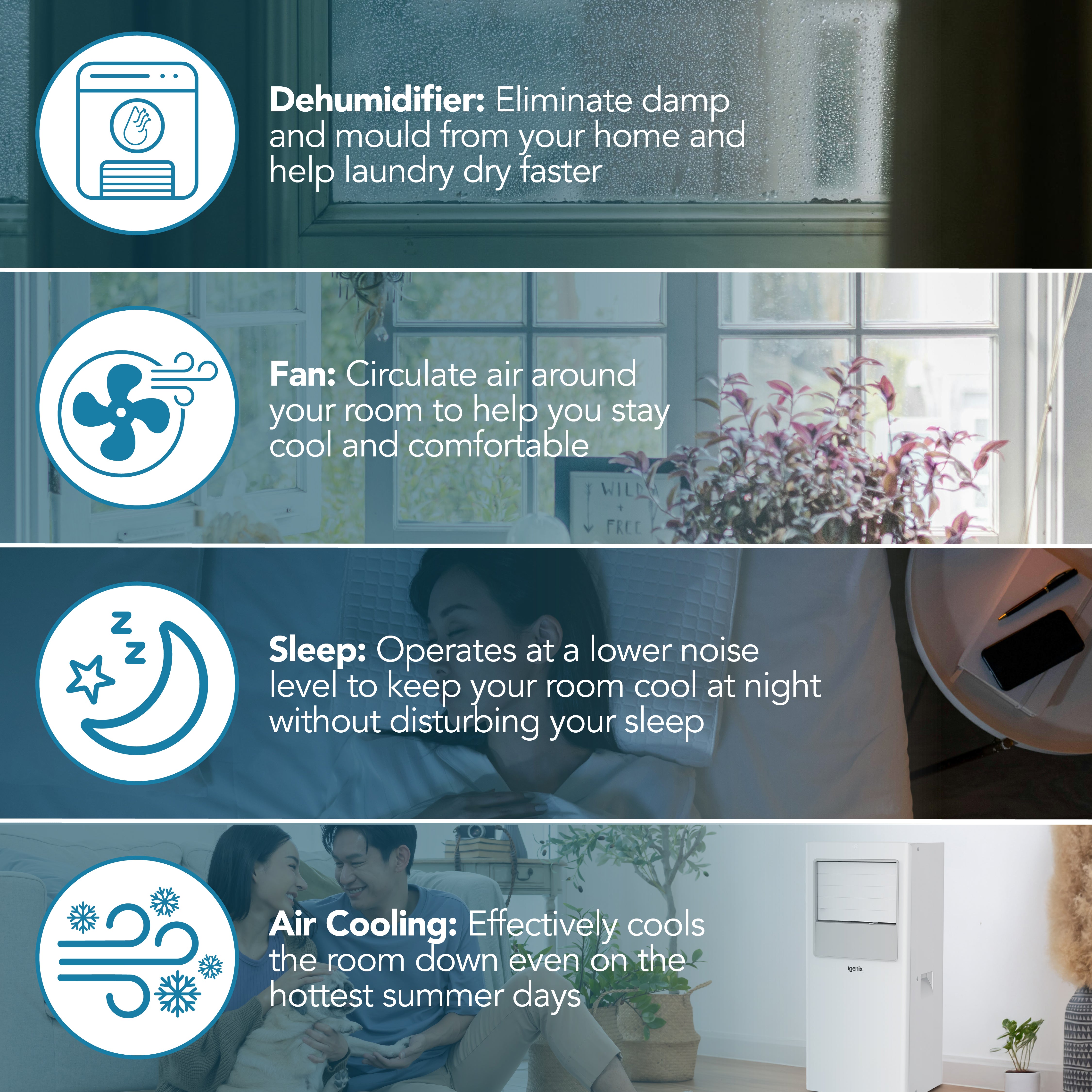 Discover the Igenix 3-in-1 Portable Air Conditioner, offering powerful 7000 BTU performance for versatile home comfort. Four sections highlight its key features—dehumidifier, fan, sleep mode, and air cooling—with corresponding icons and images including a window for dehumidification, a fan for circulation, a bed for sleep mode, and the cooling unit itself for efficient air conditioning. This innovative unit combines cooling, fan, and dehumidifier functions to meet all your needs in one convenient solution.