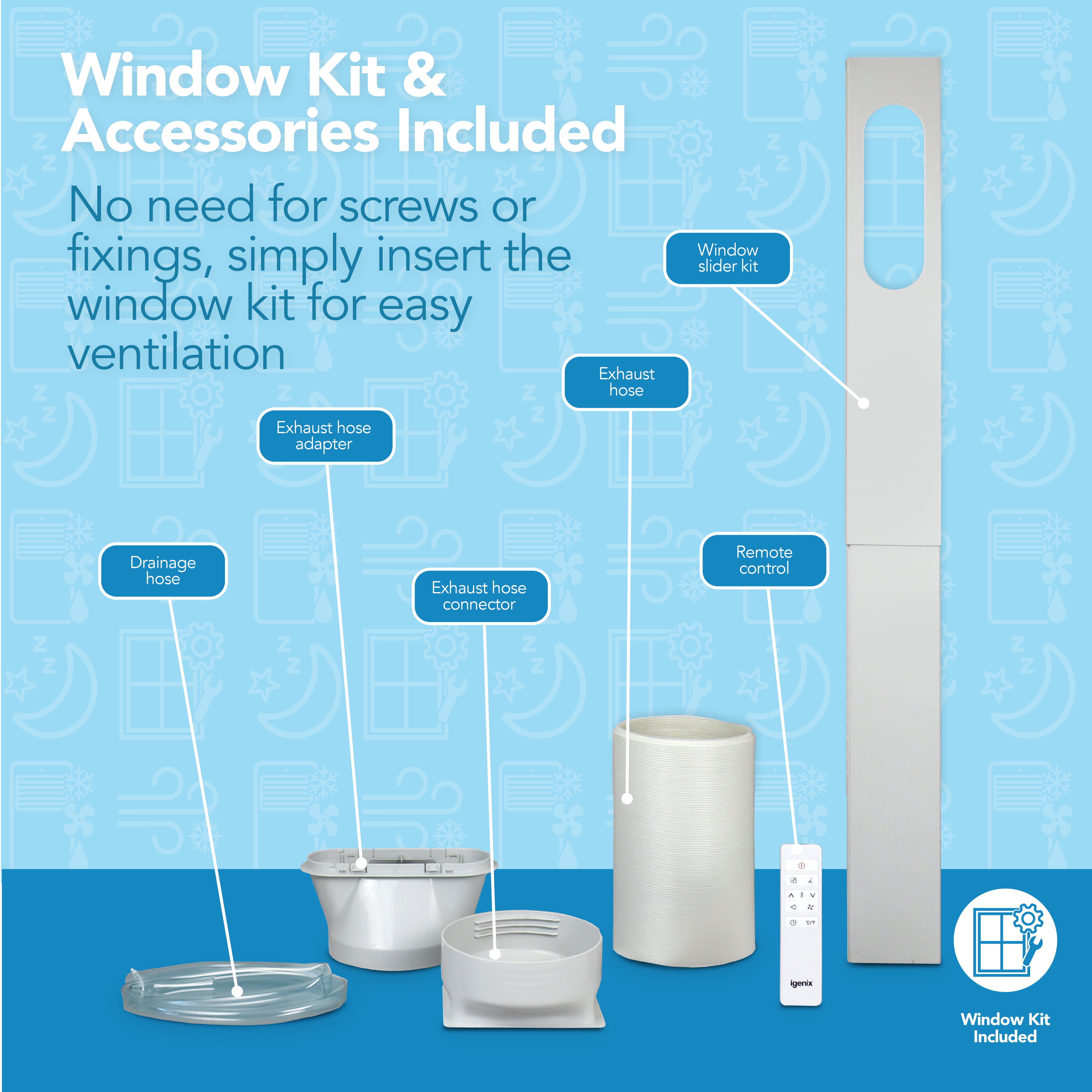 Accessories and window kit for the Igenix 3-in-1 Portable Air Conditioner (Cooling, Fan & Dehumidifier, 7000 BTU) are ideal for efficient ventilation. The set includes a drainage hose, exhaust hose adapter, exhaust hose connector, exhaust hose, window slider kit, and remote control—all presented on a blue background with clear labels.