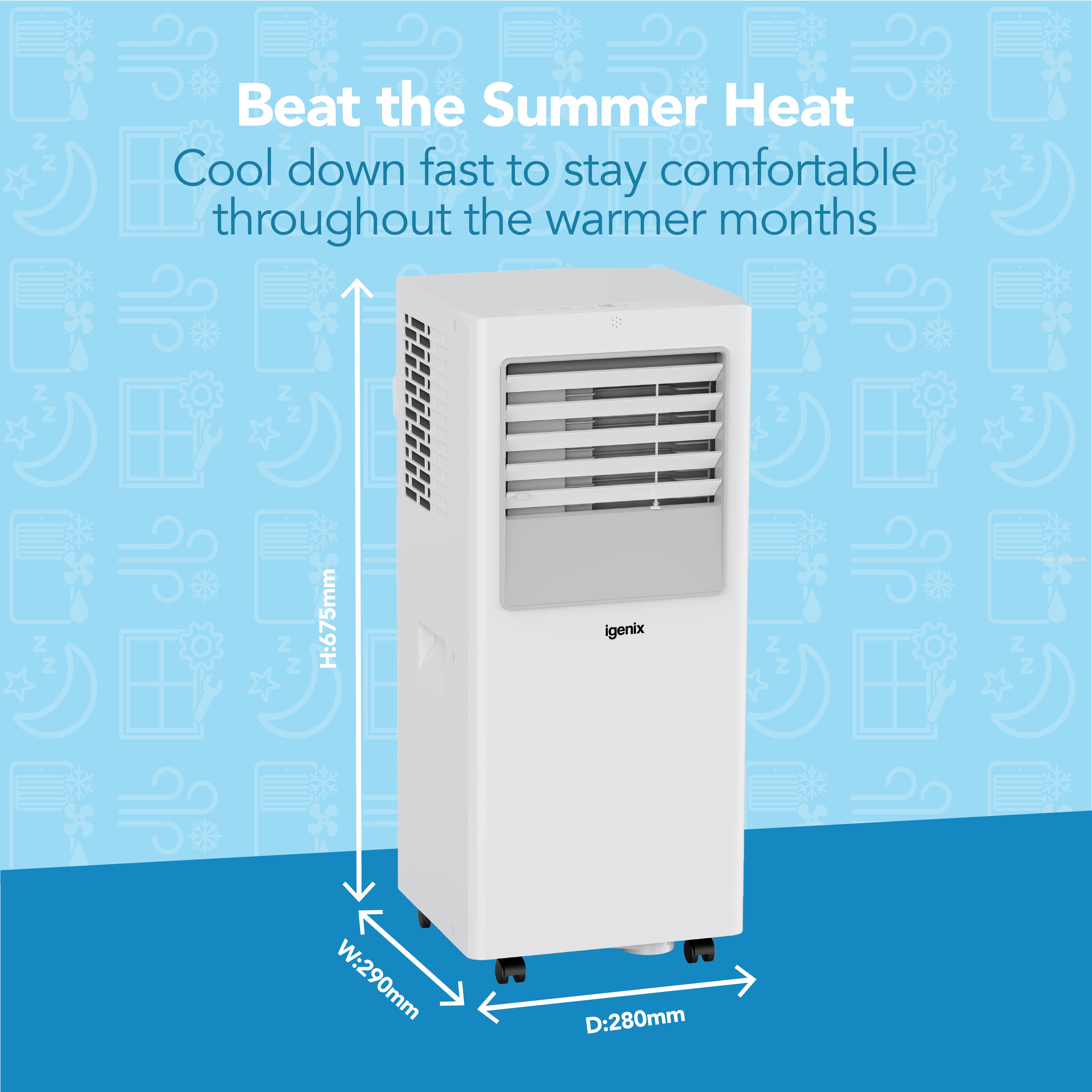 A sleek white Igenix 3-in-1 Portable Air Conditioner (Cooling, Fan & Dehumidifier, 9000 BTU) stands against a blue background with informative icons. Text above highlights how this powerful and portable unit helps you stay cool and comfortable all summer long. With its efficient 9000 BTU cooling capacity and compact dimensions (height: 675mm, width: 290mm, depth: 280mm), it's the perfect solution to beat the heat.