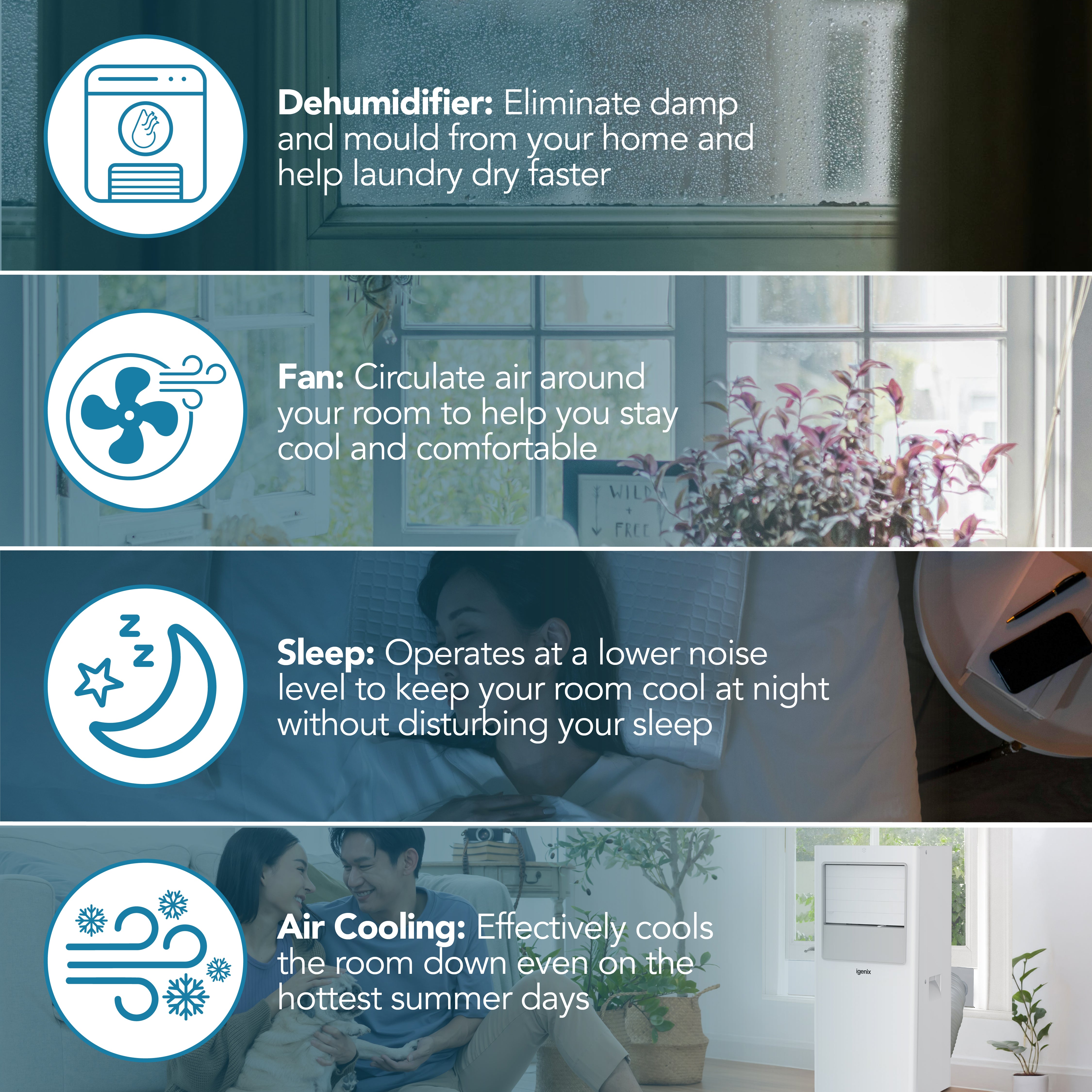 Infographic highlighting four key features—dehumidifier, fan, sleep mode, and air cooling—accompanied by icons and visuals such as windows, a fan, a sleeping figure, and an air cooling unit in a contemporary home environment. Showcasing the versatility of the Igenix 3-in-1 Portable Air Conditioner (Cooling, Fan & Dehumidifier), this 9000 BTU unit delivers powerful performance to ensure year-round comfort.