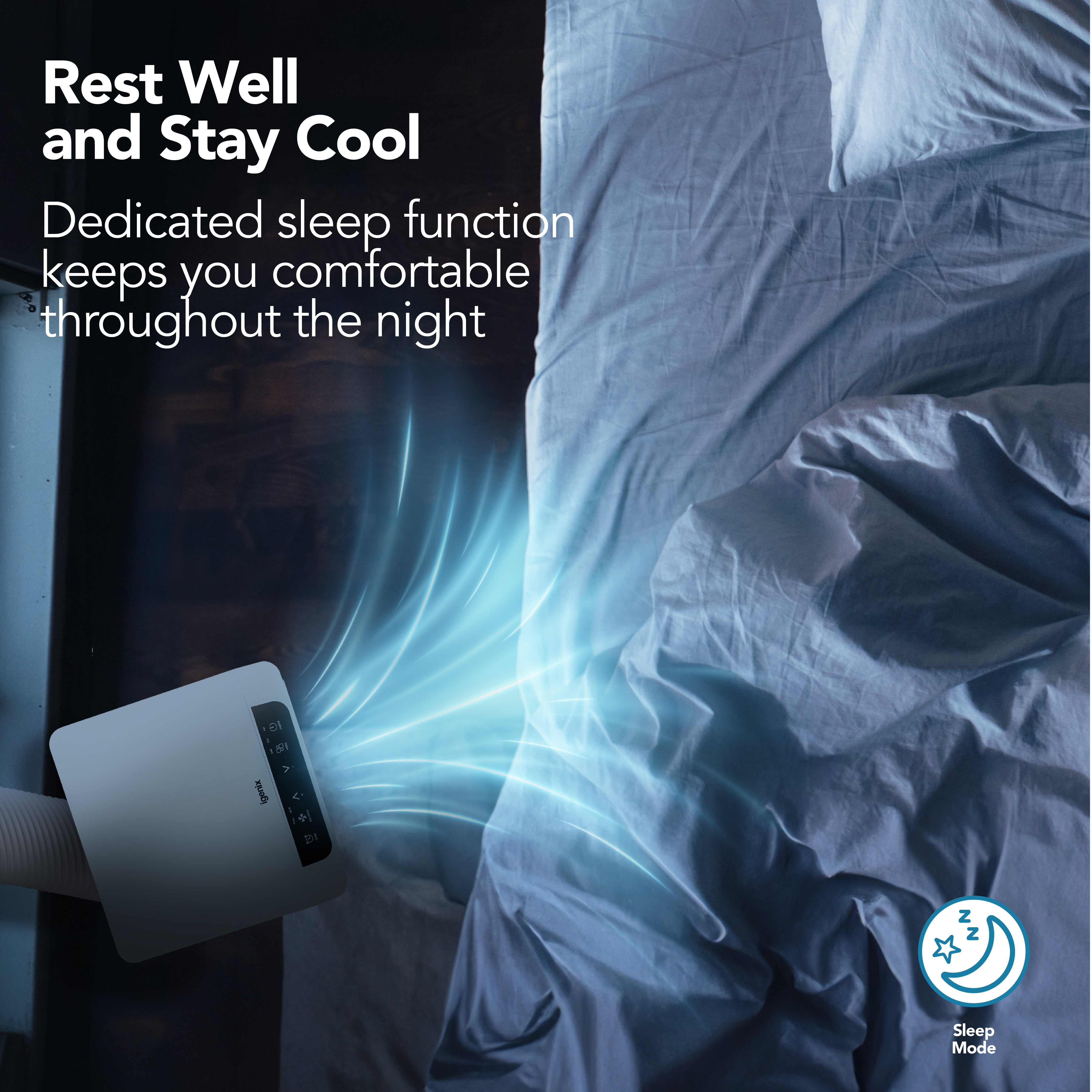 An Igenix 3-in-1 Portable Air Conditioner blows cool air over a rumpled bed, with the words "Rest Well and Stay Cool." Its dedicated sleep function keeps you comfortable all night, while the 9000 BTU cooling, fan & dehumidifier mode ensures optimal comfort. A sleep mode icon appears at the bottom right.