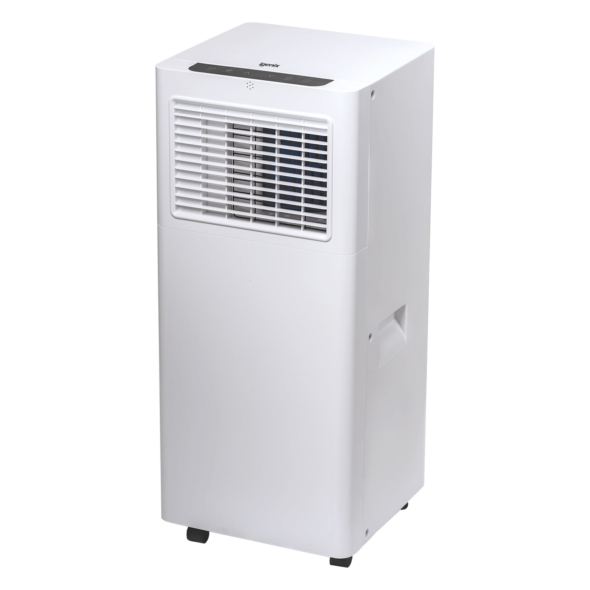 The Igenix 3-in-1 Portable Air Conditioner offers cooling, fan, and dehumidifier modes with 9000 BTU power. Featuring a front-facing vent, top control panel, and small wheels for easy mobility.