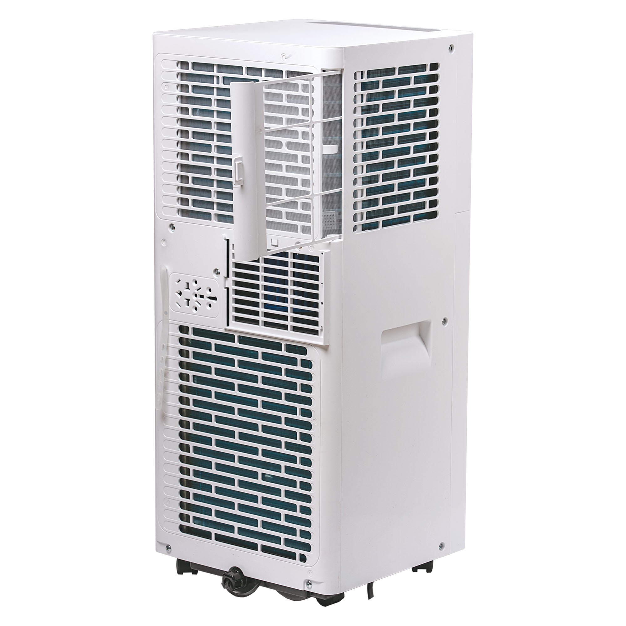 The Igenix 3-in-1 Portable Air Conditioner, Cooling, Fan & Dehumidifier (9000 BTU) is shown from the back with air vents, a side handle, hose connector, and wheels for easy movement—ideal for efficient portable cooling.