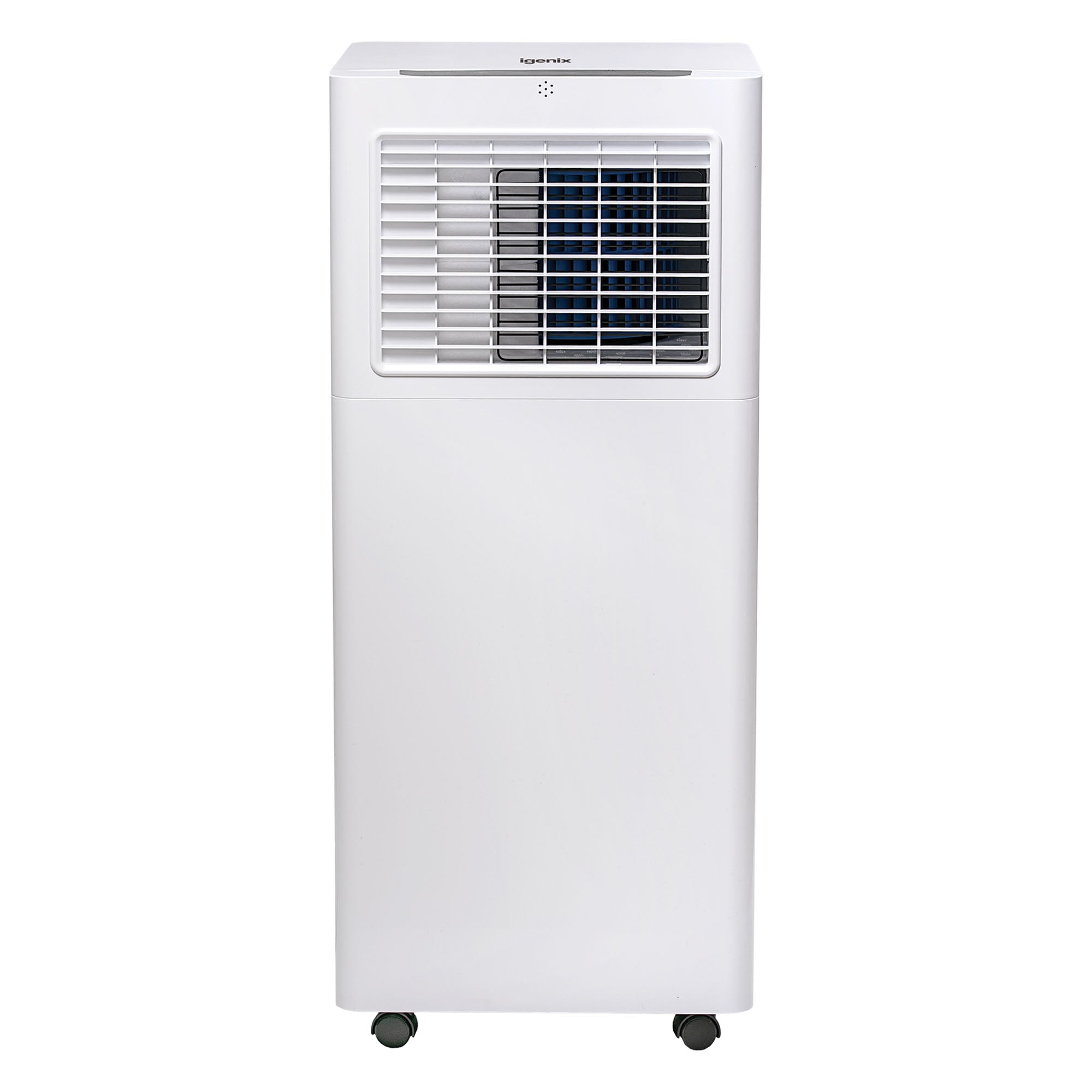 The Igenix 3-in-1 Smart Air Conditioner, Cooling, Fan & Dehumidifier, 9000 BTU, features a front-facing vent and control panel in white and stands on four small wheels for easy movement.