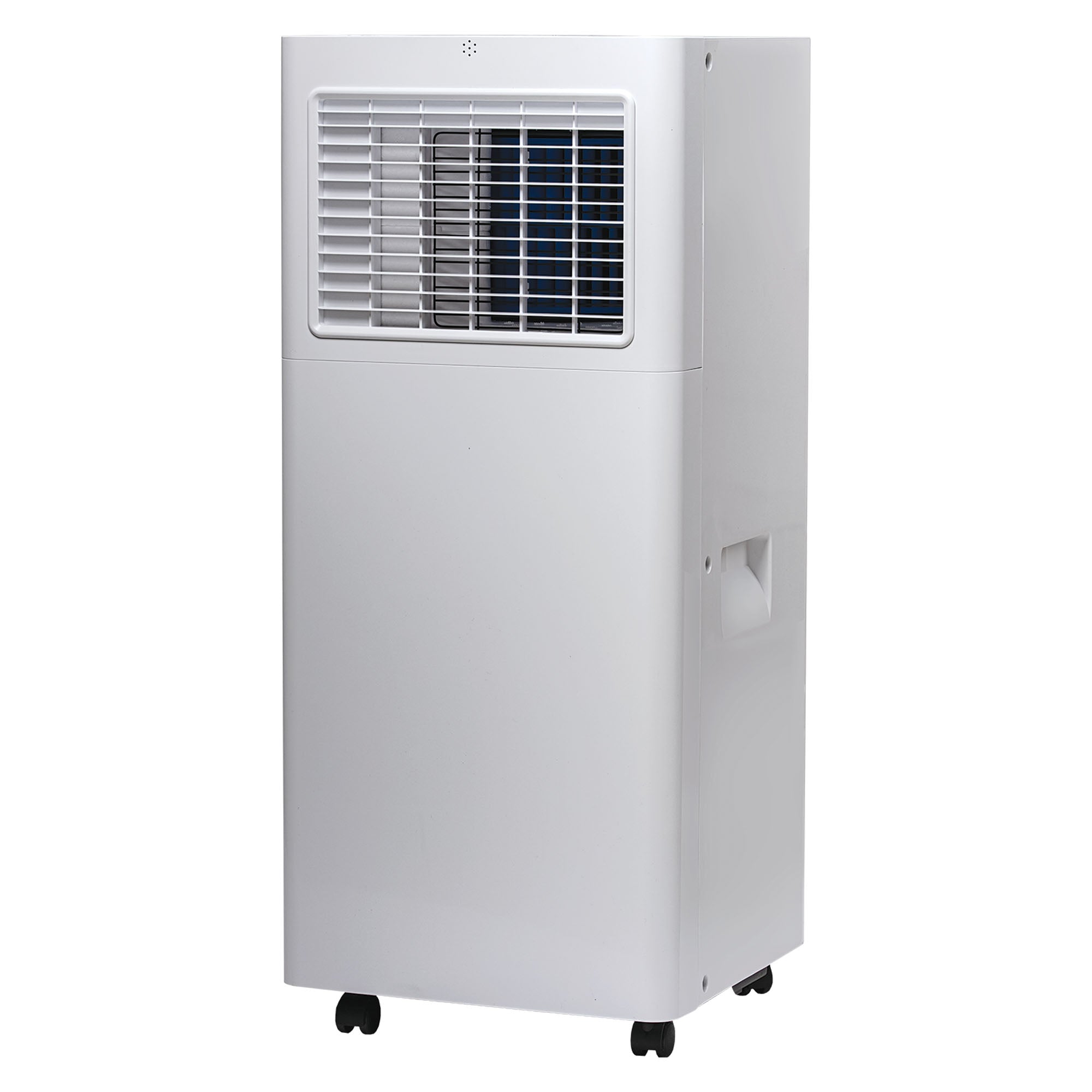 The Igenix 3-in-1 Smart Air Conditioner offers cooling, fan, and dehumidifier modes with 9000 BTU power. It features front vents, a top control panel, and wheels for easy movement.