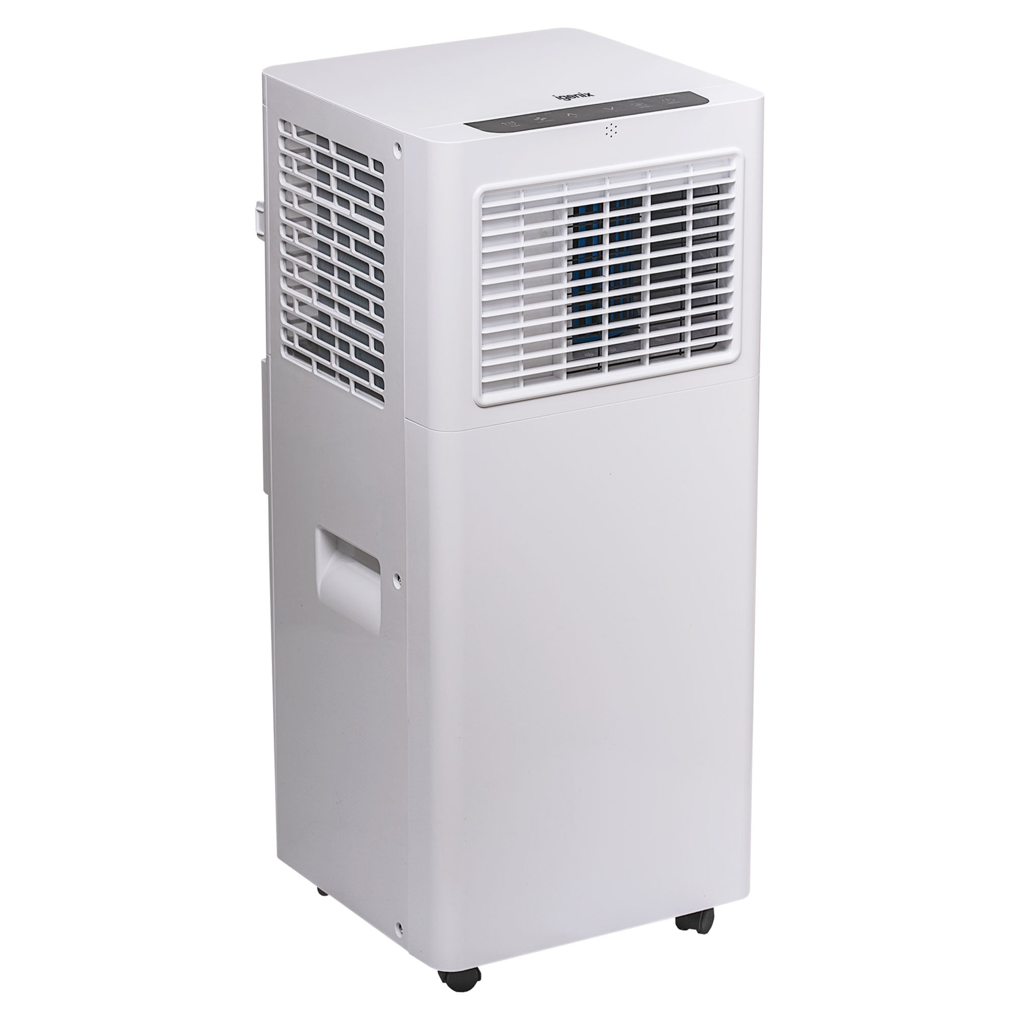 The Igenix 3-in-1 Smart Air Conditioner (9000 BTU) features cooling, fan, and dehumidifier modes, a vented front panel, side handles, top control buttons, and stands upright on wheels for easy portability.