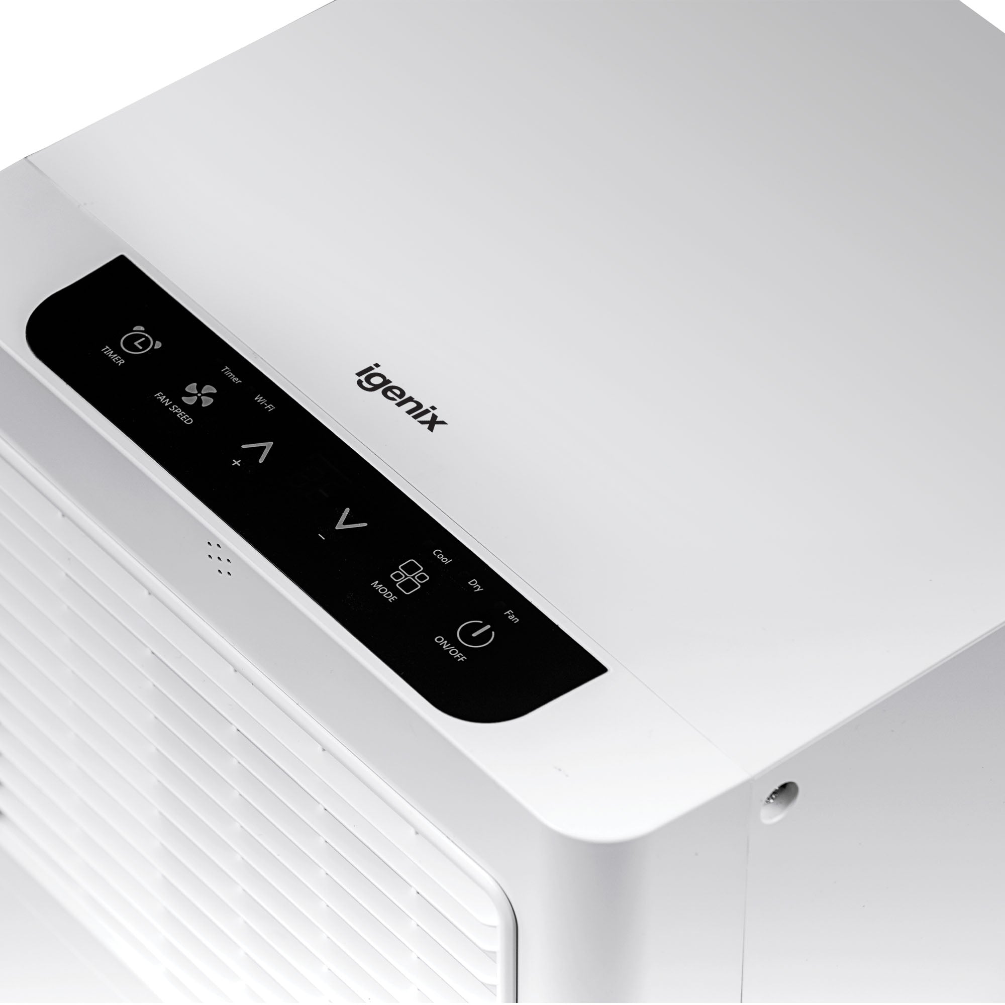 A close-up of the Igenix 3-in-1 Smart Air Conditioner (9000 BTU) shows its black control panel with buttons and icons for cooling, fan, dehumidifier, timer, speed, mode, sleep, and power on a white body with a vented front panel.