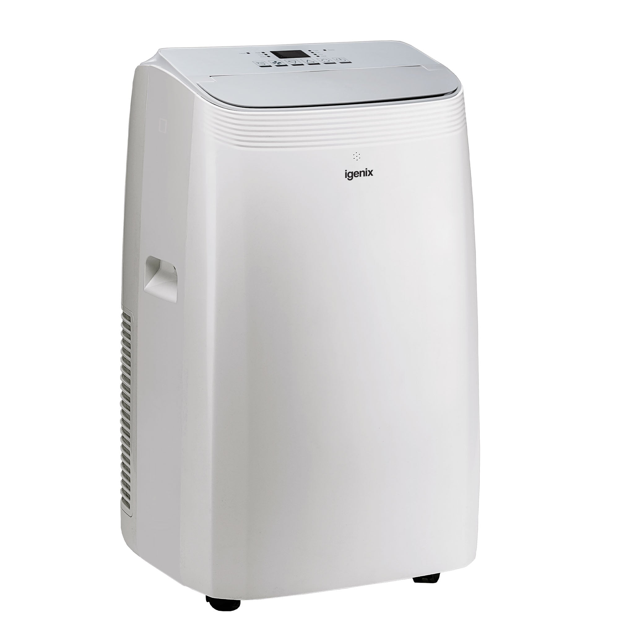 The Igenix 4-in-1 Portable Air Conditioner (12000 BTU) offers cooling, heating, and dehumidifier functions. It features top control buttons, a display screen, side vent, handles for easy mobility, and four small wheels.