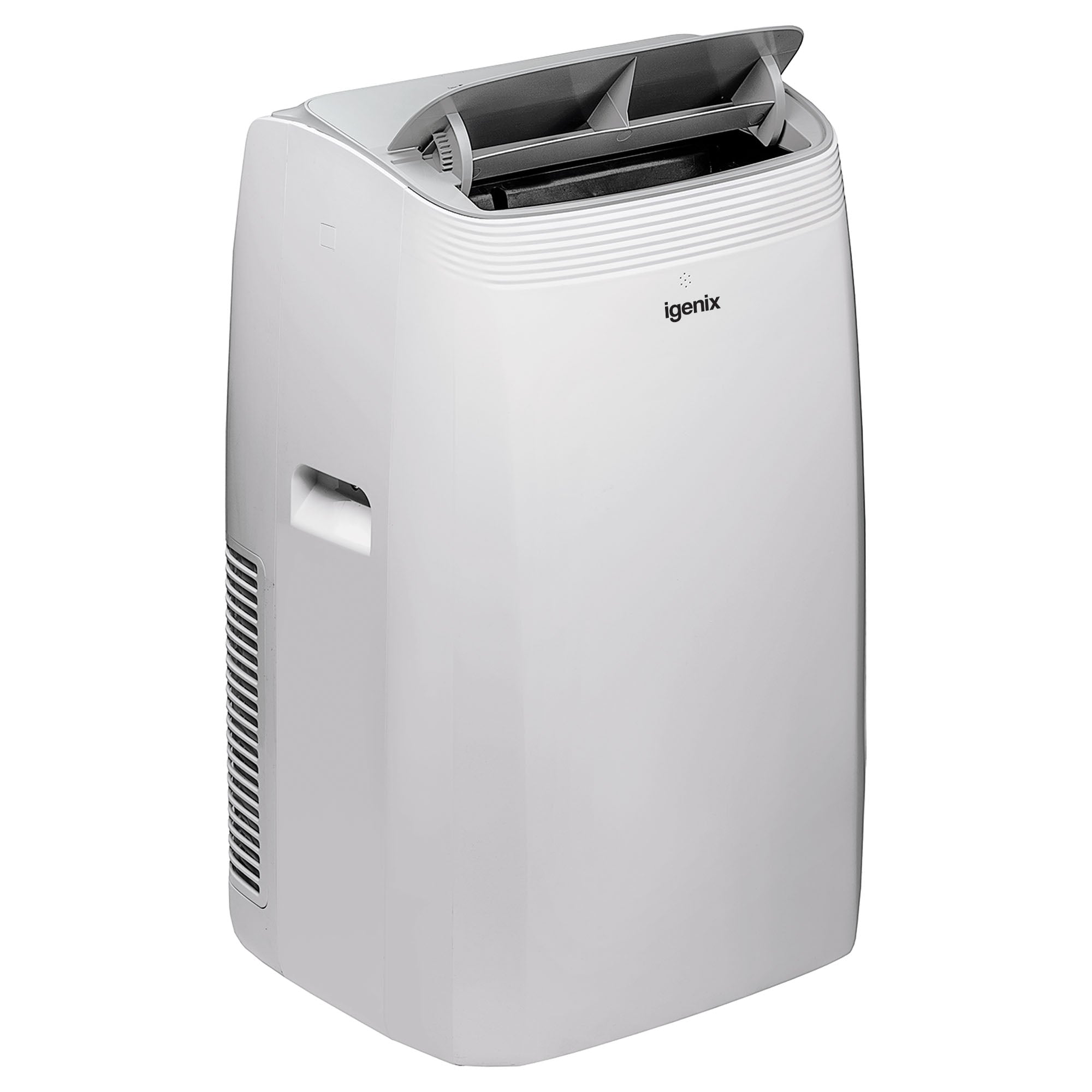 The Igenix 4-in-1 Portable Air Conditioner, Cooling, Heating & Dehumidifier (12000 BTU) is white with digital controls, top vents, a side exhaust grille, handle for easy movement, and the Igenix brand name displayed on the front.