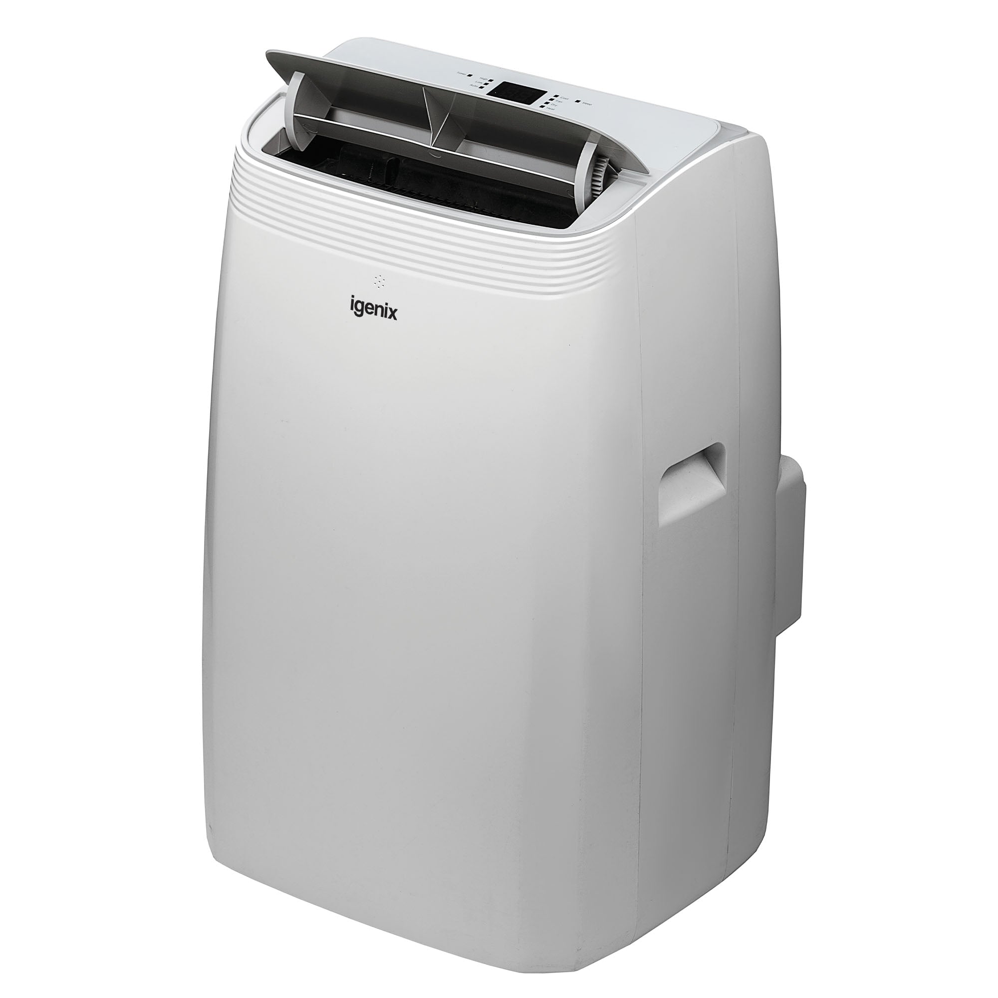 A white, rectangular Igenix 4-in-1 Portable Air Conditioner (12000 BTU) for cooling, heating, and dehumidifying is shown on a plain white background with a digital top display, open vent, and side handle.
