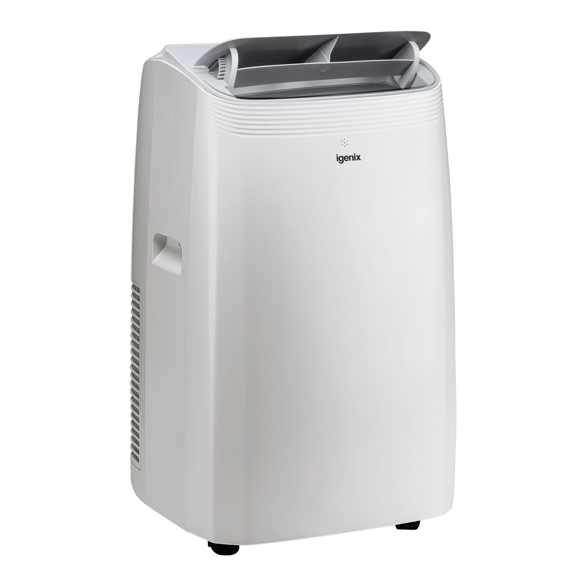 The Igenix 4-in-1 Portable Air Conditioner features cooling, heating, and dehumidifying functions with 12000 BTU. It is white, freestanding, has top vents, a digital display, side handles, base wheels, and the Igenix logo on the front.
