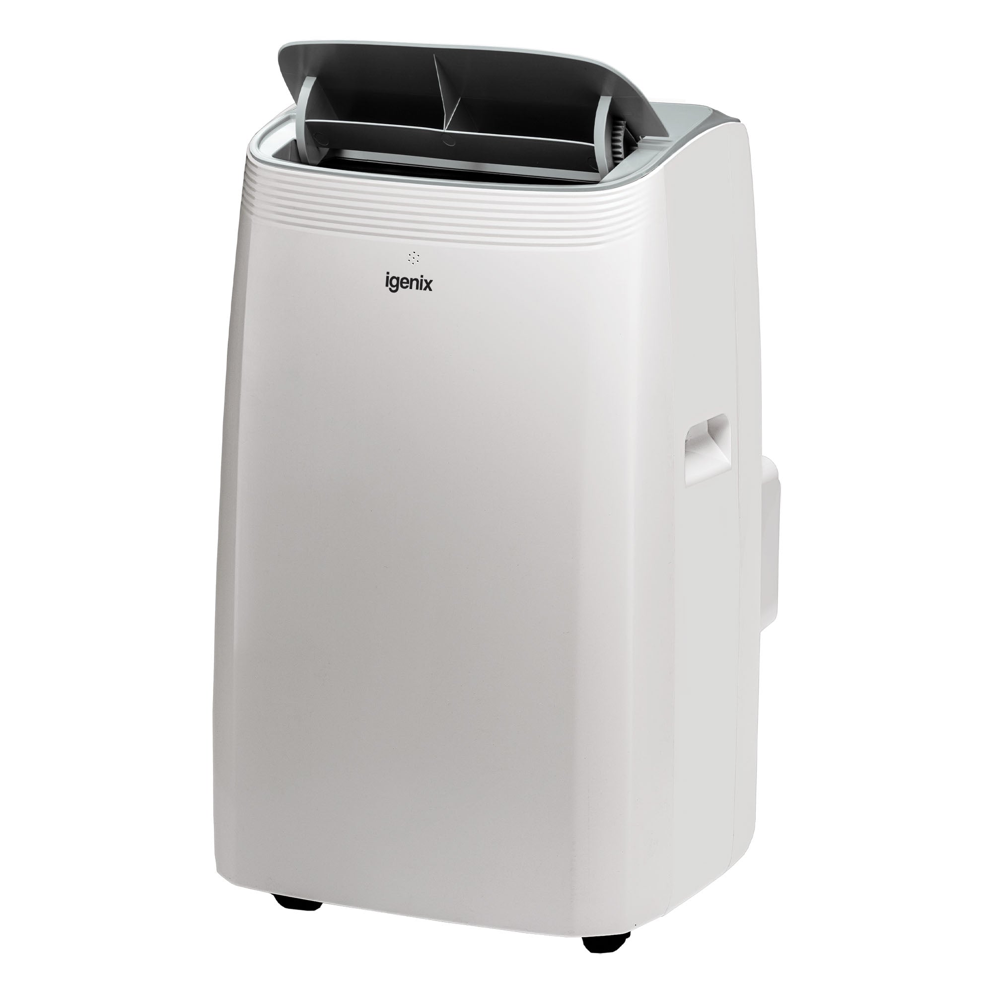 The Igenix 4-in-1 Portable Air Conditioner (12000 BTU) offers cooling, heating, and dehumidifying in a sleek white, rectangular design with top vent louvers and side handles, shown against a plain white background.