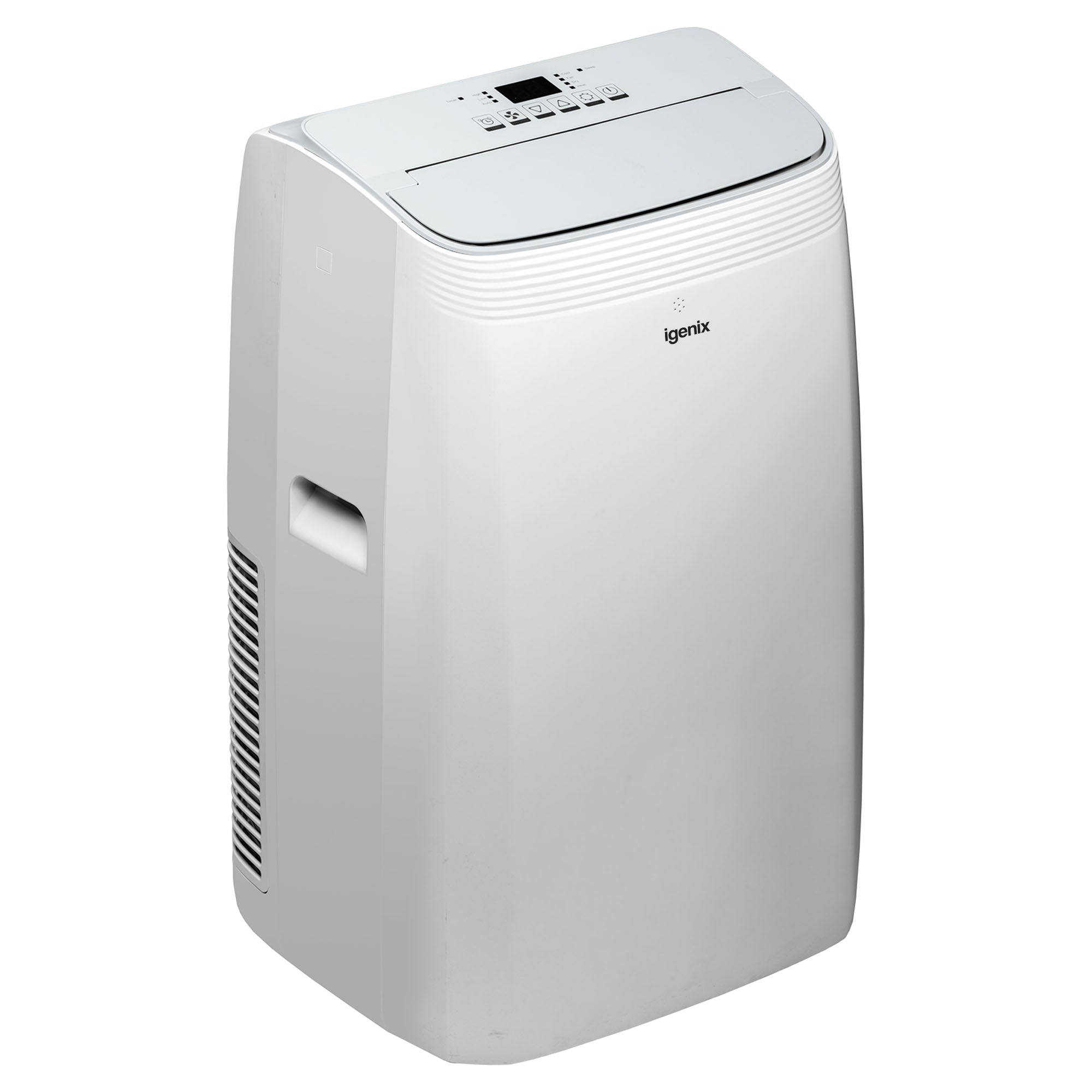 The Igenix 4-in-1 Portable Air Conditioner offers 12000 BTU cooling, heating, and dehumidifying. It features a white design, digital top control panel, side vents, carry handle, and the brand name visible on the front.