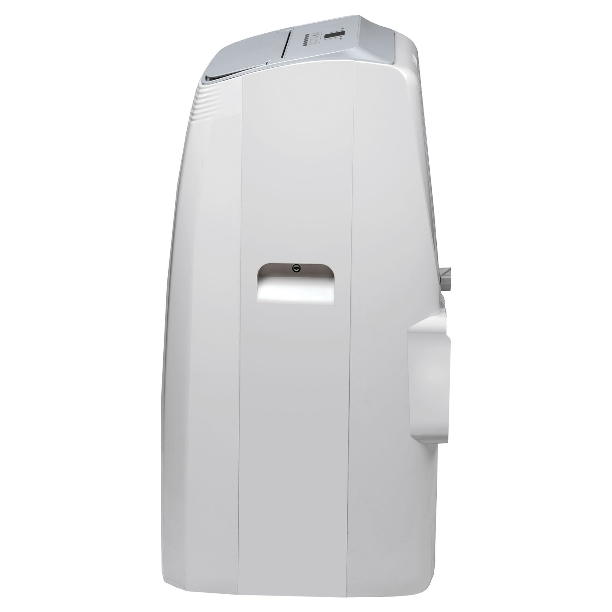 Side view of the Igenix 4-in-1 Portable Air Conditioner, Cooling, Heating & Dehumidifier (12000 BTU), in white with vent, handle, and top control panel; features a modern rectangular design with rounded edges.