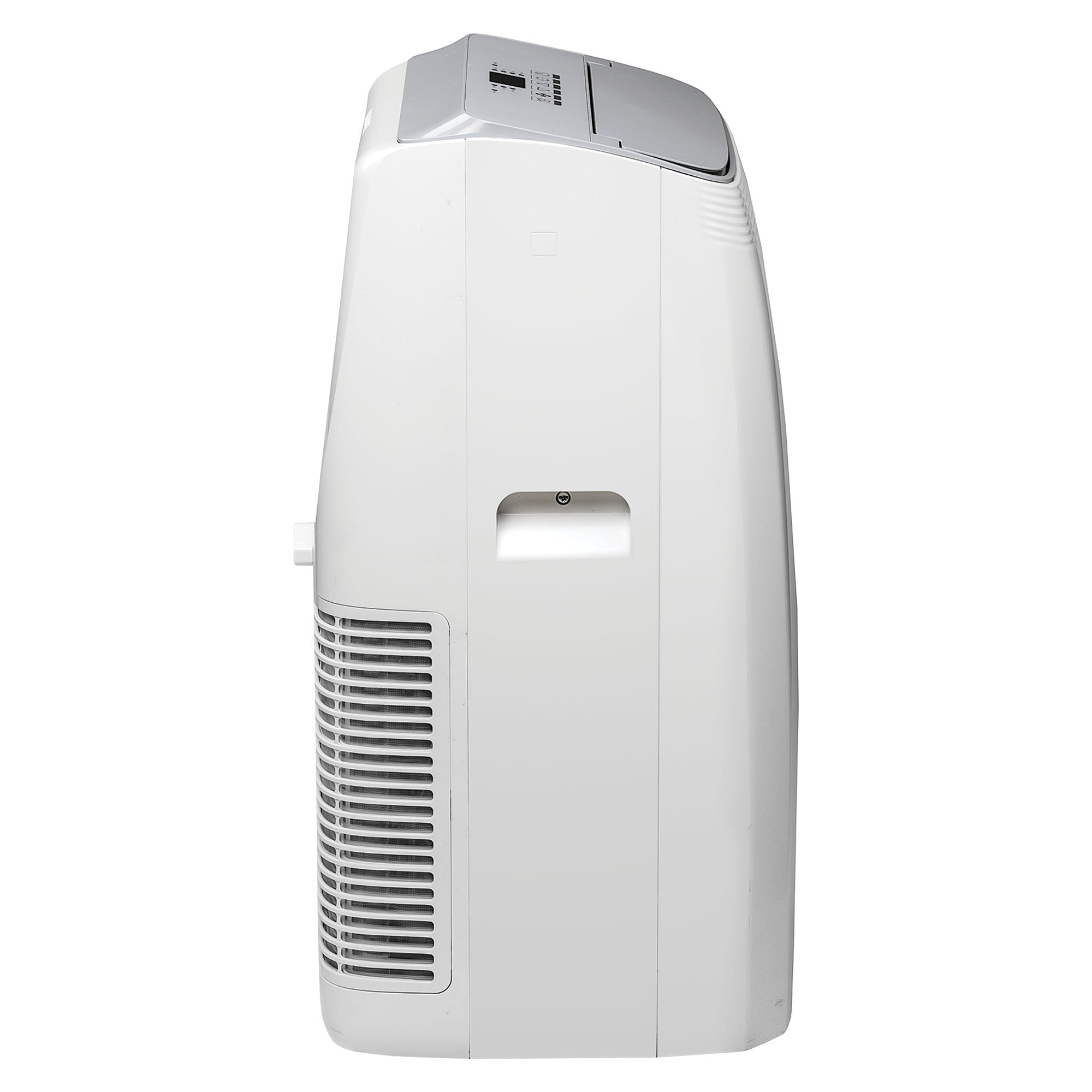 Side view of the Igenix 4-in-1 Portable Air Conditioner, Cooling, Heating & Dehumidifier with top control panel, bottom ventilation grille, and recessed mid-handle for easy carrying; boasts a powerful 12000 BTU capacity.