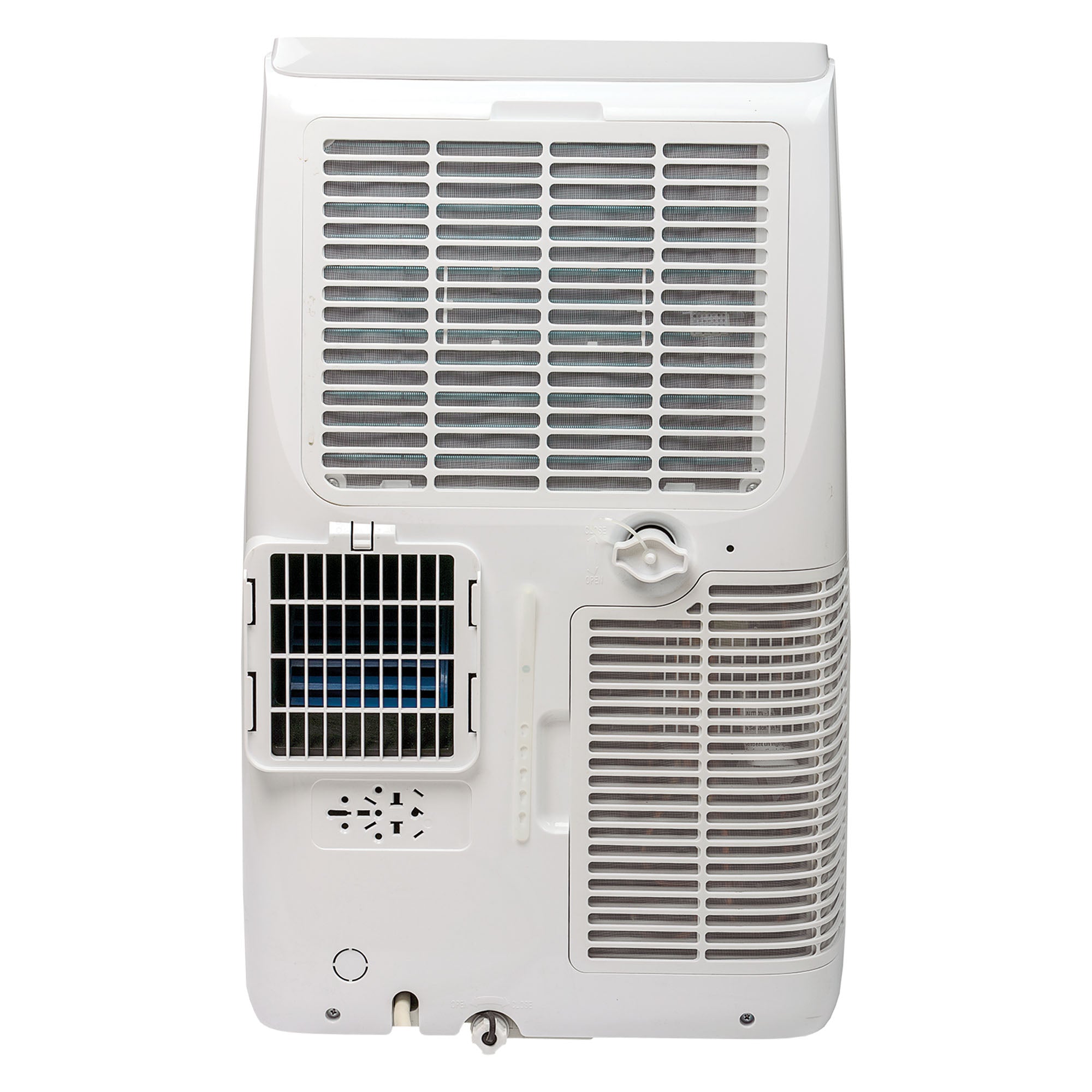 The Igenix 4-in-1 Portable Air Conditioner (12000 BTU) rear view displays vents, exhaust port, water drainage outlet, and control knobs. The unit provides cooling, heating, and dehumidifying; surface is clean with a plain white background.
