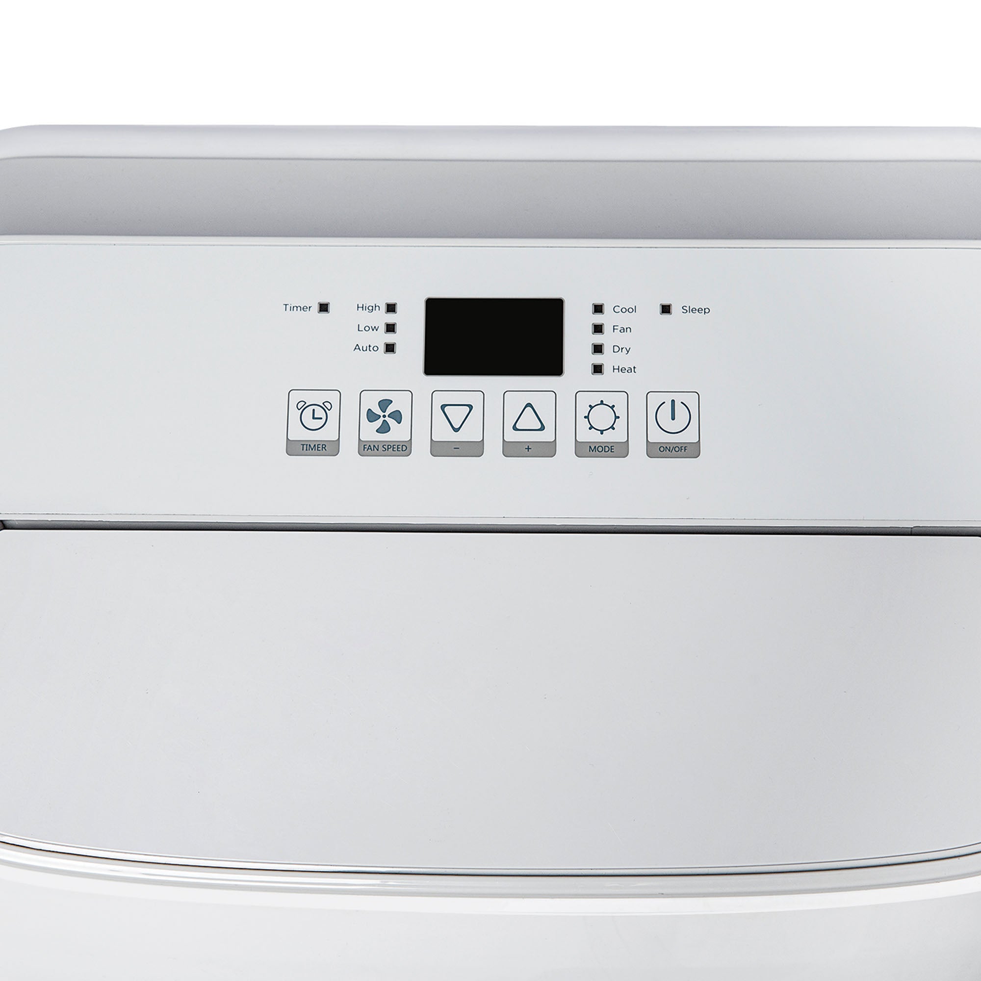 A close-up of the Igenix 4-in-1 Portable Air Conditioner’s control panel, showing its buttons and display for cooling, heating, dehumidifying (12000 BTU), timer, fan speed, mode select, on/off function, and labeled indicator lights.