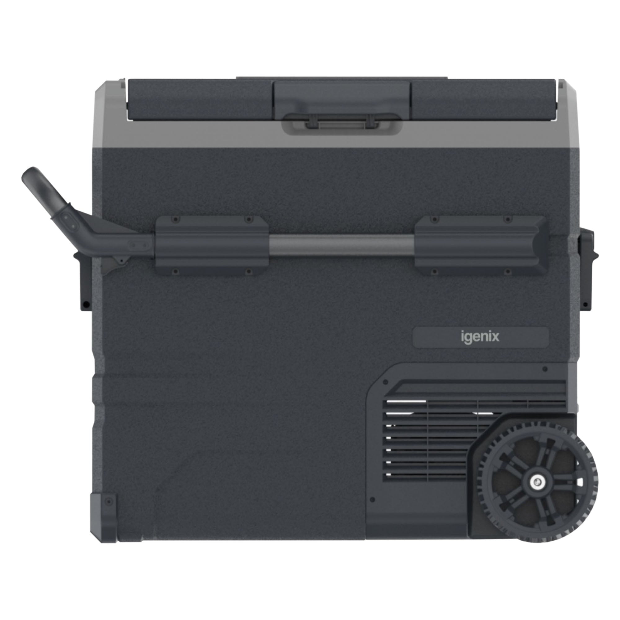 The Igenix 60L Portable Fridge Freezer in black features a handle and large wheels for easy transport, making it ideal for camping or use as a portable fridge freezer. The Igenix logo is visible on the side.