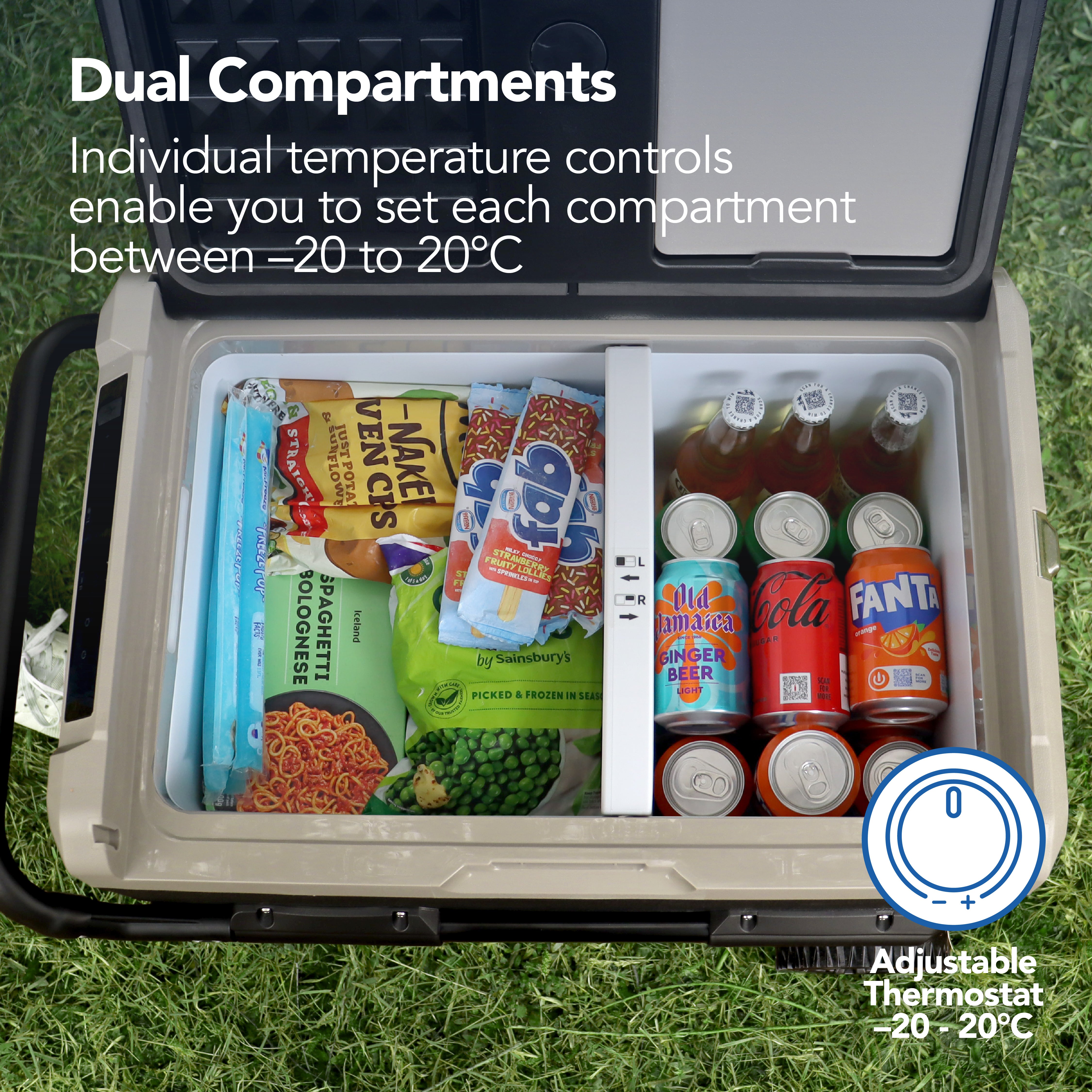 The Igenix 60L Portable Fridge Freezer in black has dual compartments—one for frozen items, one for drinks—and adjustable temperature settings from -20°C to 20°C, making it ideal for versatile outdoor use.