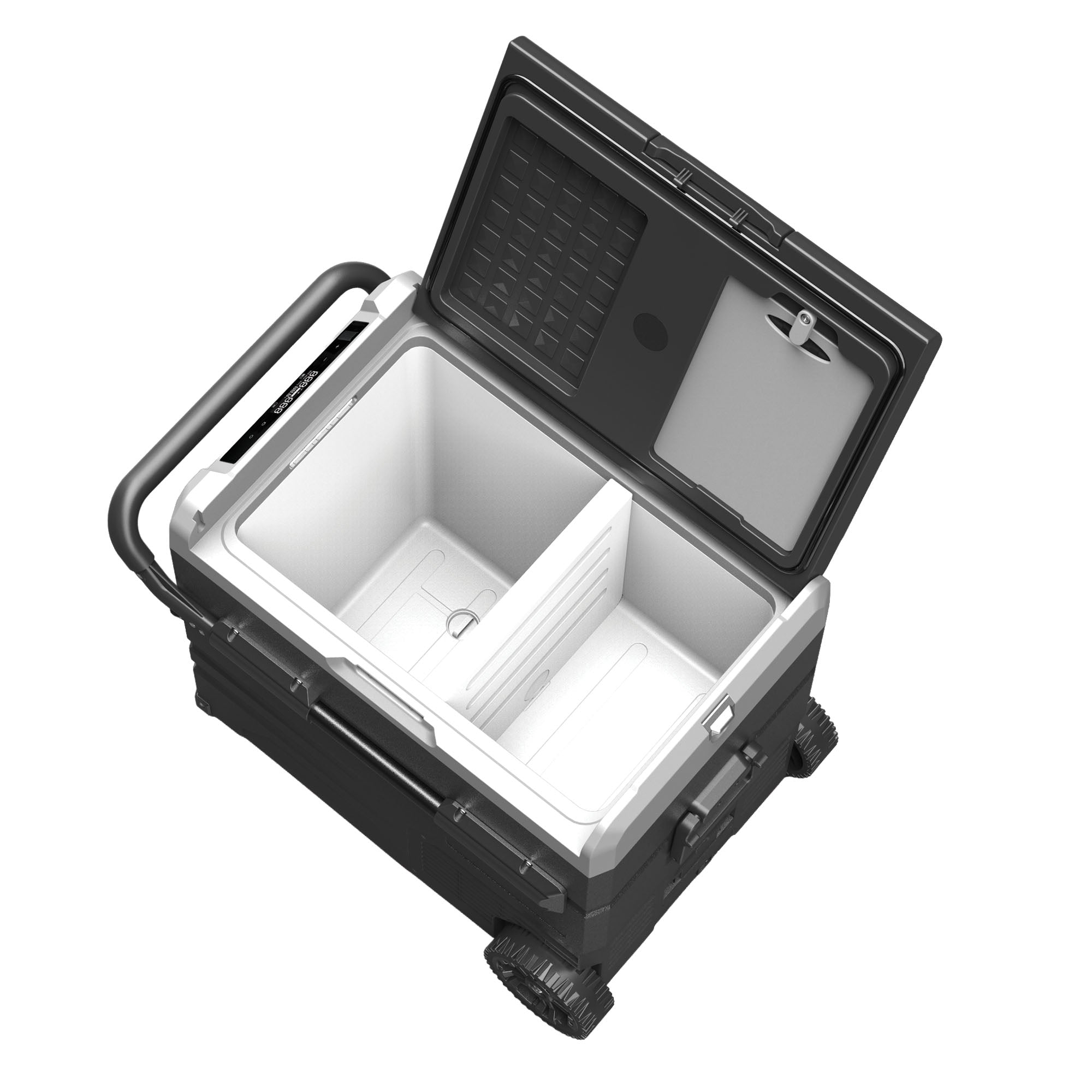 The Igenix 60L Portable Fridge Freezer in black features a retractable handle, open lid, and dual interior compartments with a divider, shown from above on a white background—perfect as a camping fridge.