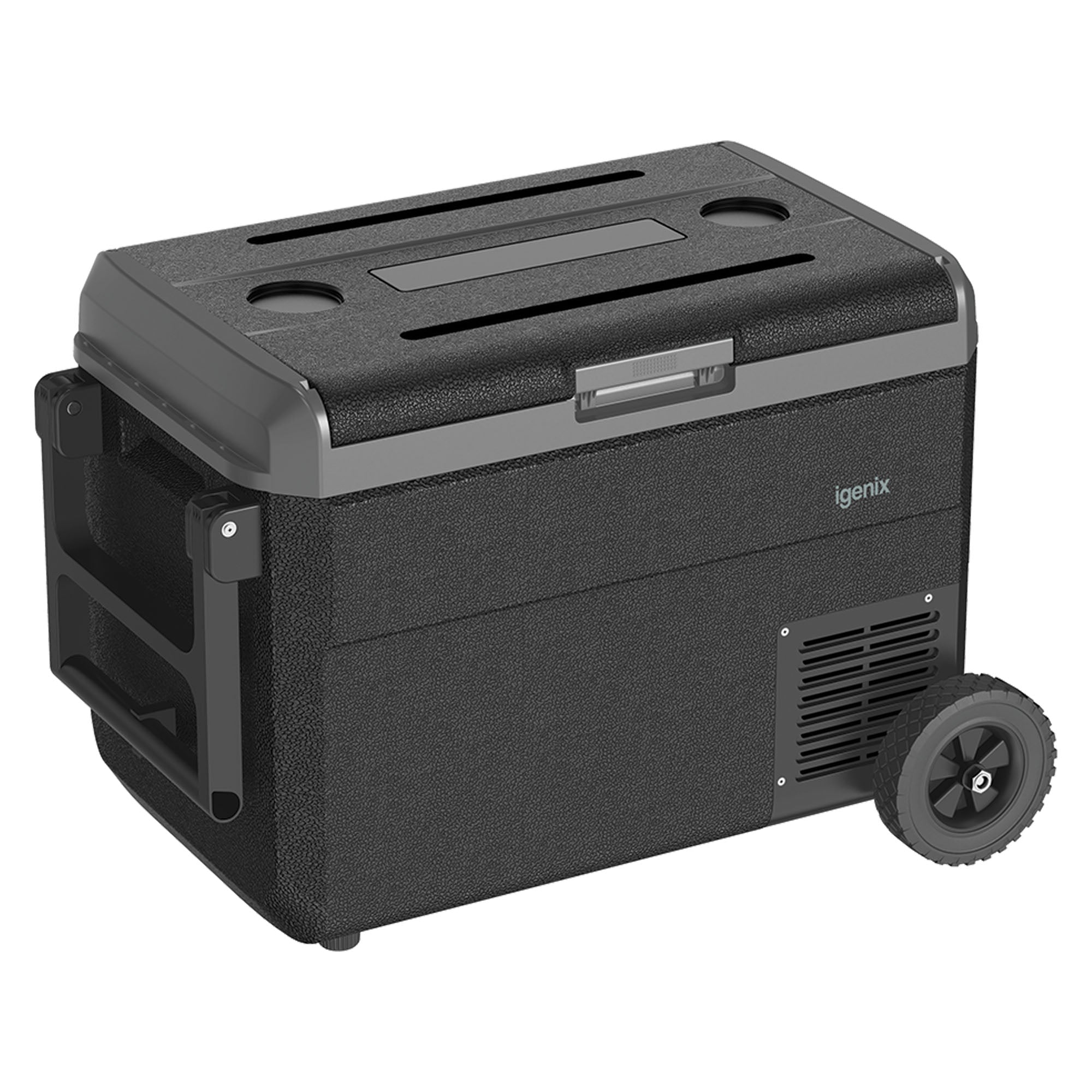 The Igenix 50L Portable Fridge Freezer in black features a dark gray lid, two cup holders, side handle, and sturdy wheels for easy transport—perfect as a camping fridge. The Igenix brand name appears on the side.