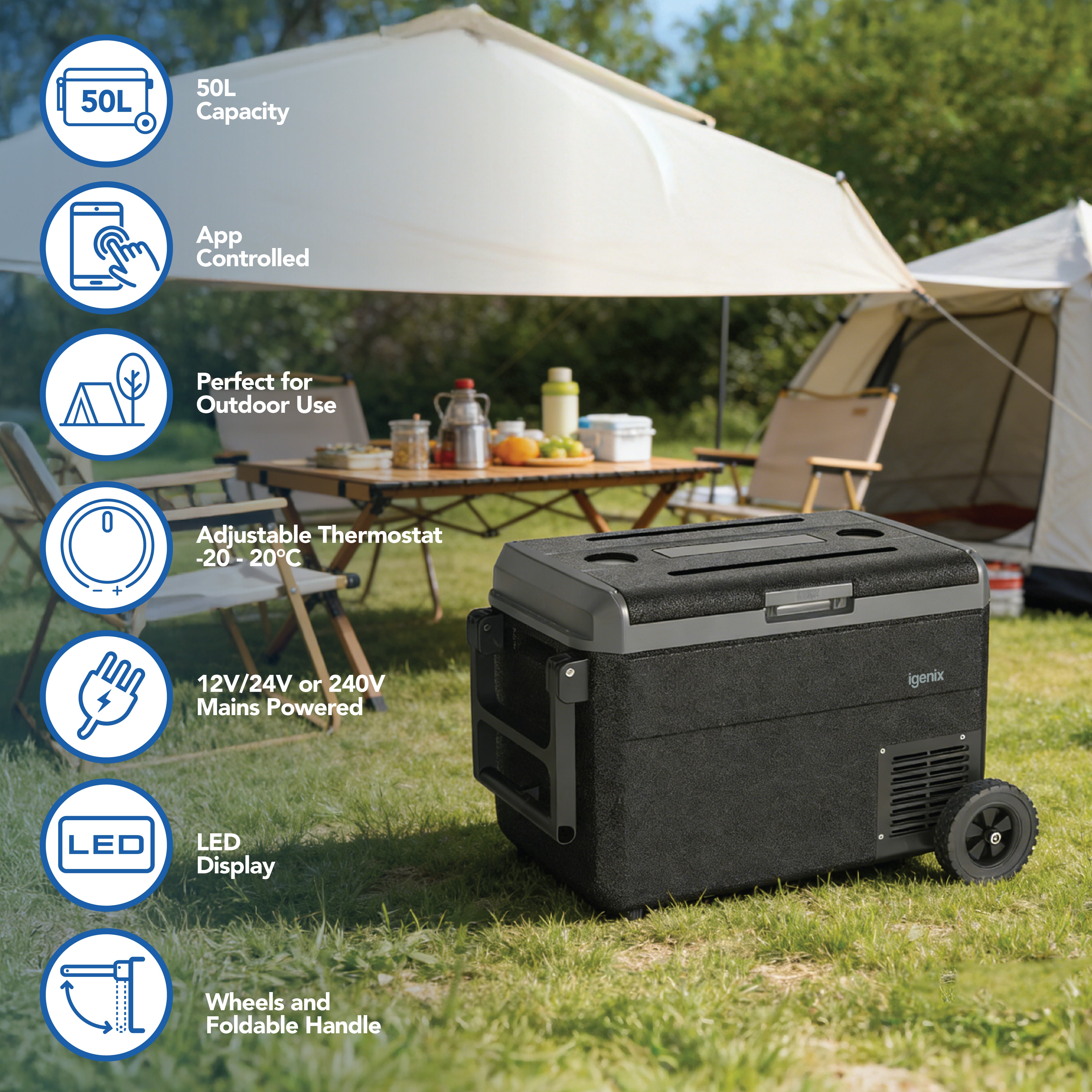 The Igenix 50L Portable Fridge Freezer, Black, with wheels and handle, is shown by a tent and camping table. Icons illustrate its 50L capacity, app control, outdoor use, adjustable thermostat, versatile power options, LED display, and portability.