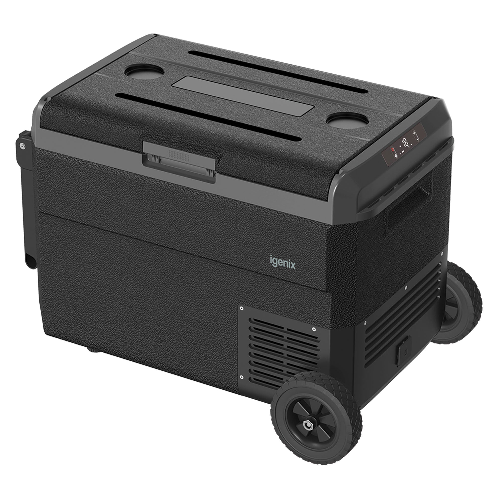 The Igenix 50L Portable Fridge Freezer in black has wheels, a handle, and a digital control panel—ideal for camping or travel.