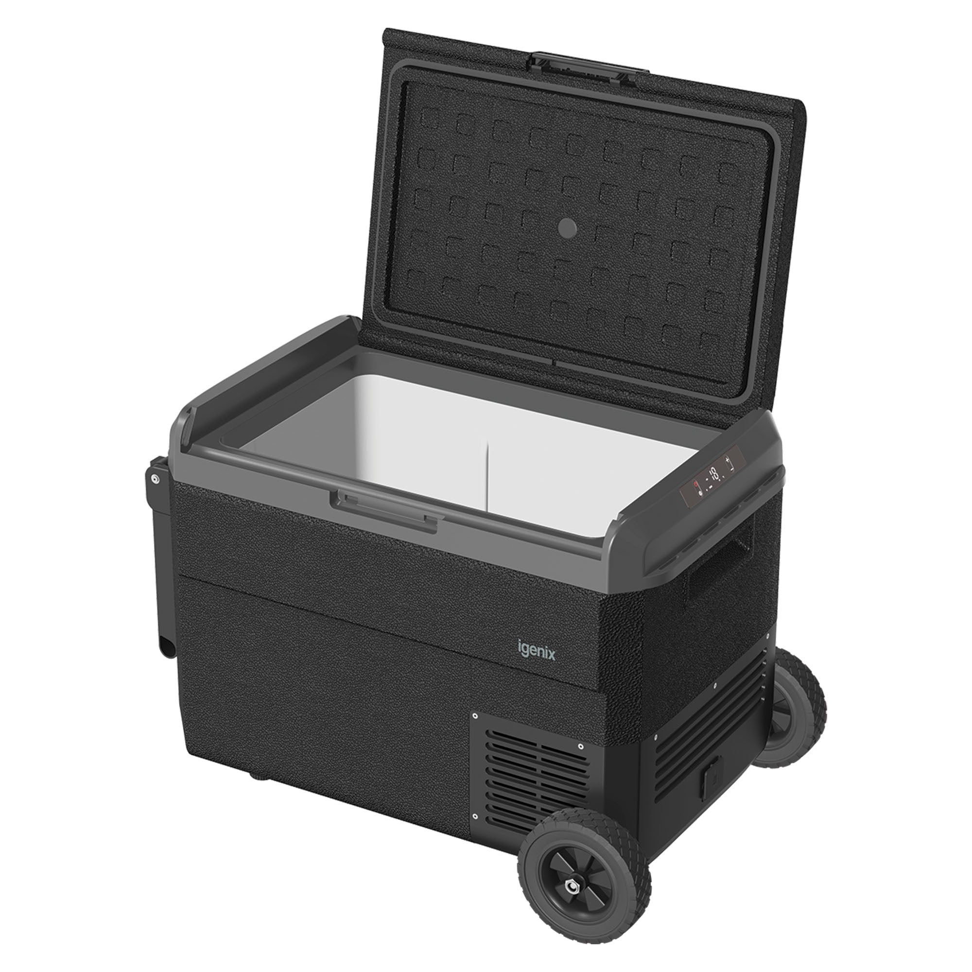 The Igenix 50L Portable Fridge Freezer in black features two wheels, a side control panel, and an open lid showing the empty interior—ideal for camping, with the Igenix logo visible on the front.