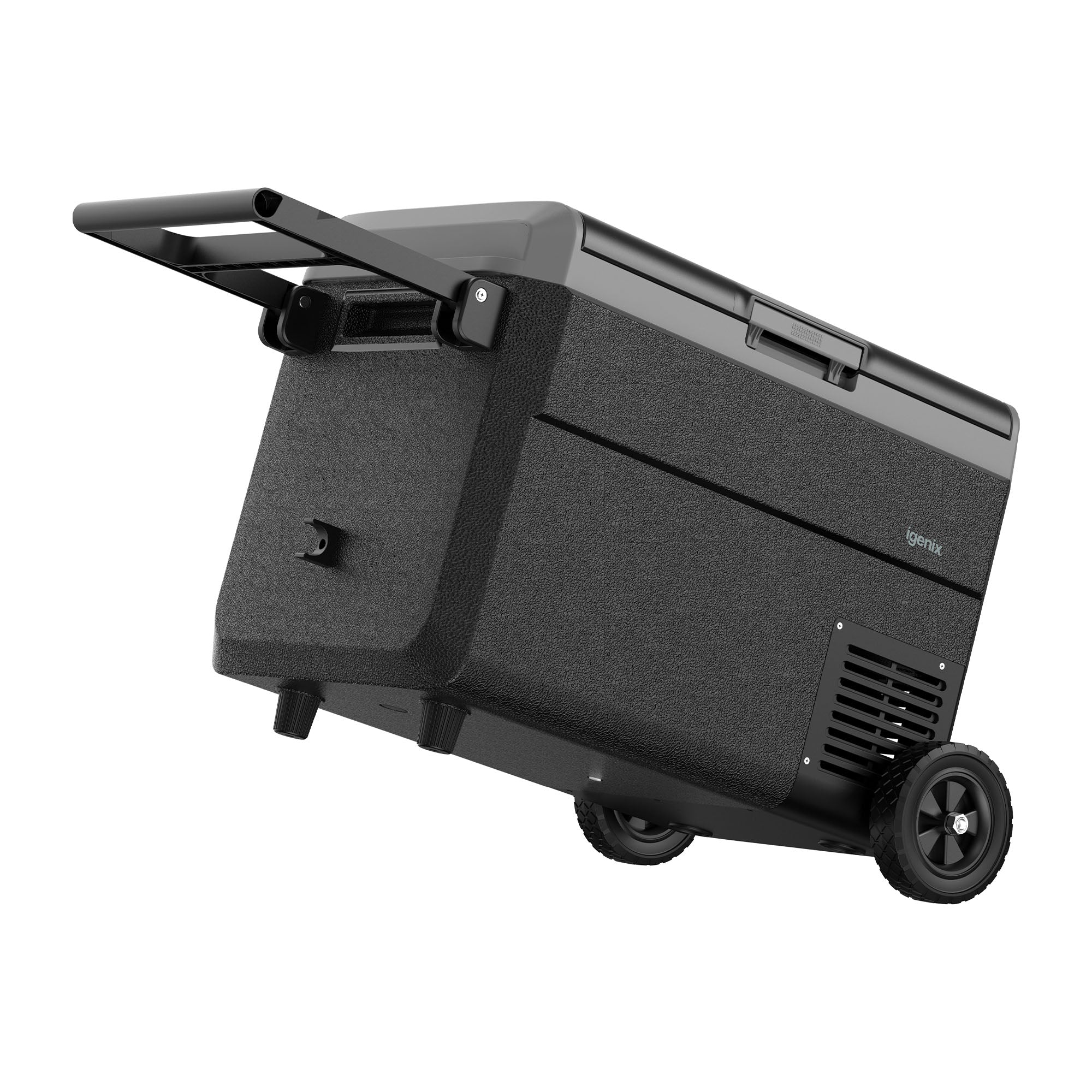 The Igenix 50L Portable Fridge Freezer in black features wheels, a retractable handle, and side ventilation. Shown tilted for easy transport, it’s ideal as a camping fridge or portable fridge freezer for outdoor adventures.