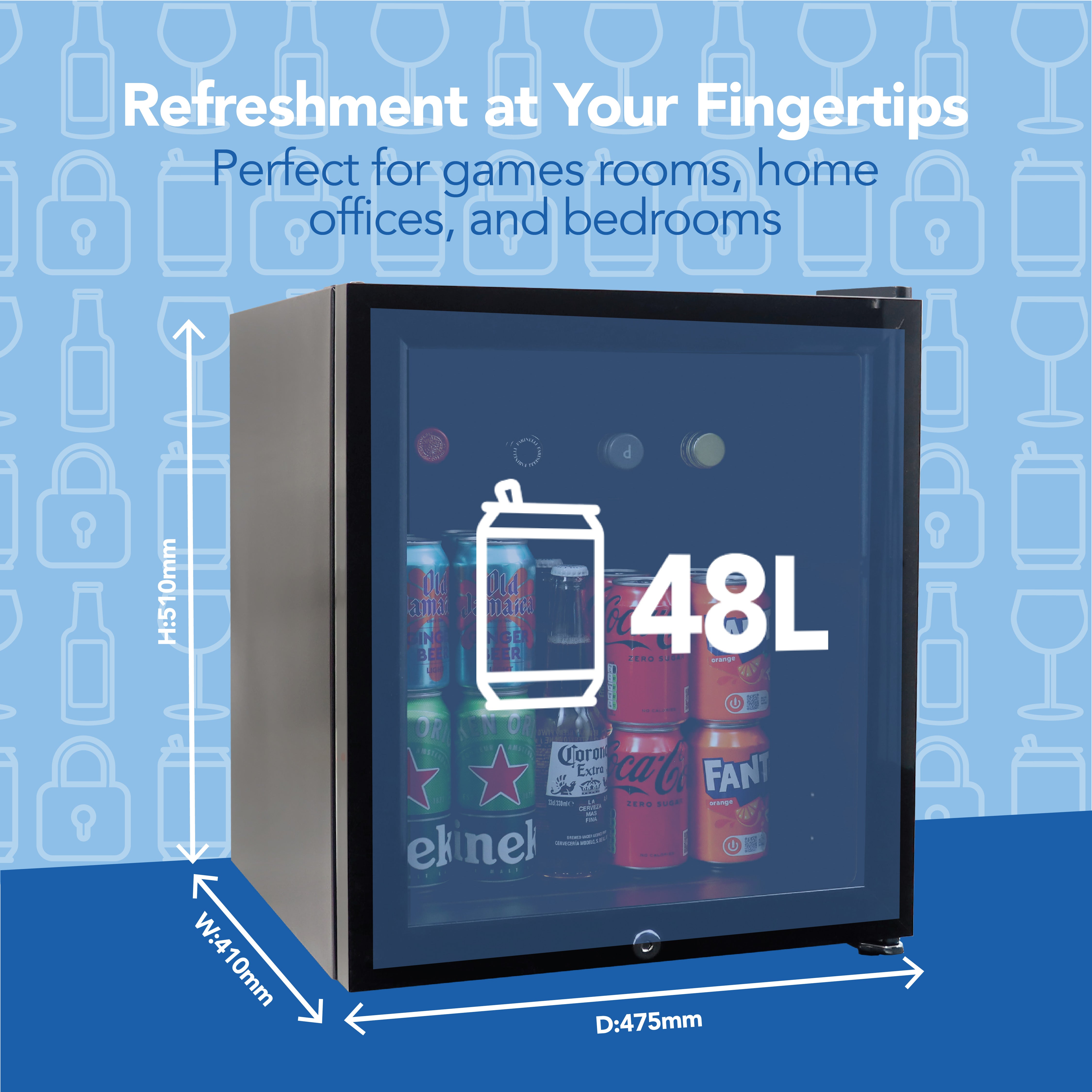 The Igenix Tabletop Drinks Fridge, 48 Litre, Black features a glass door and compact size (H:510mm, W:410mm, D:475mm). Displayed on a blue background with drink icons and stocked with Heineken, Coca-Cola, and Fanta.