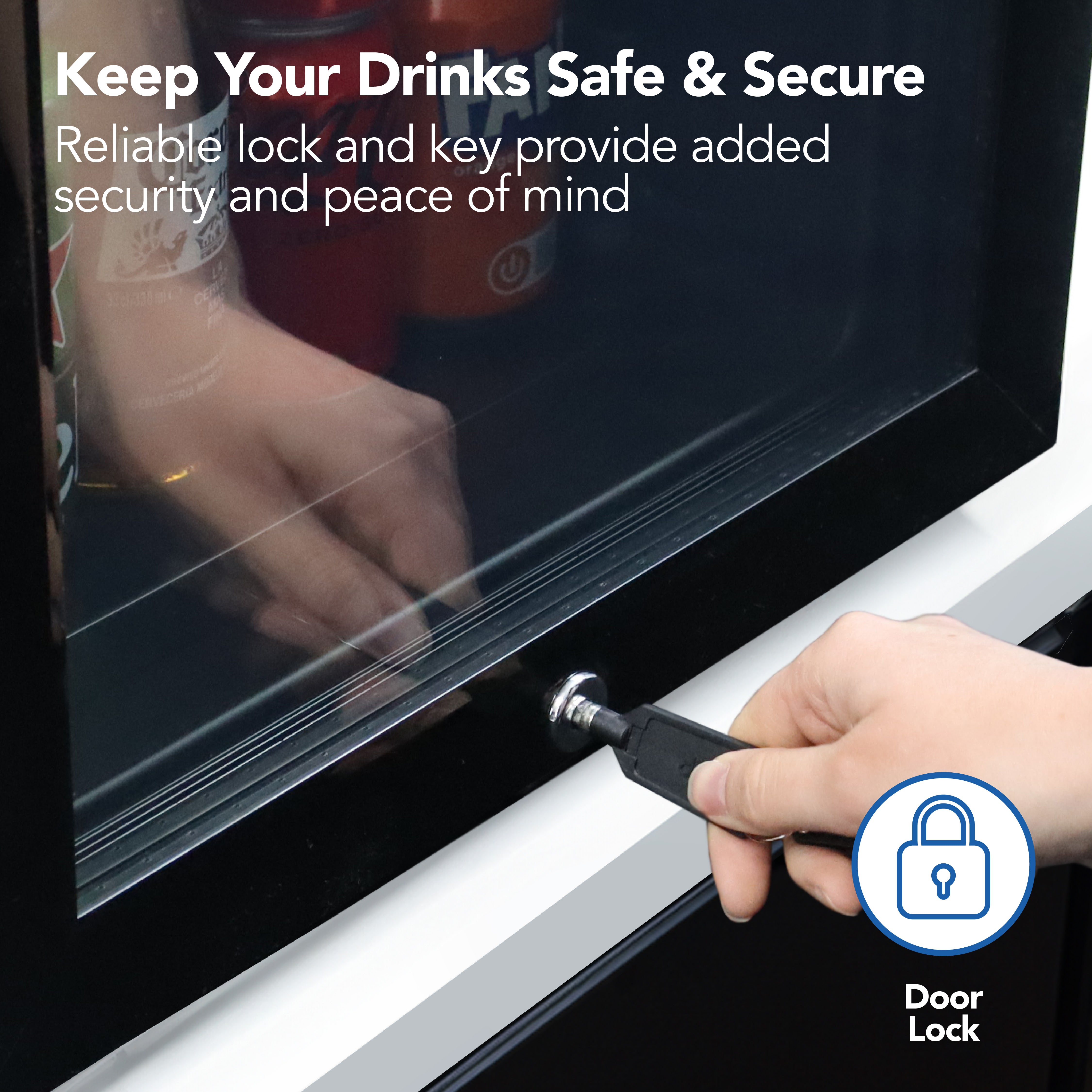 A hand turns a key to lock or unlock the Igenix Tabletop Drinks Fridge, 48 Litre, Black filled with beverages. Text reads: Keep Your Drinks Safe & Secure with a reliable lock and key for added peace of mind.