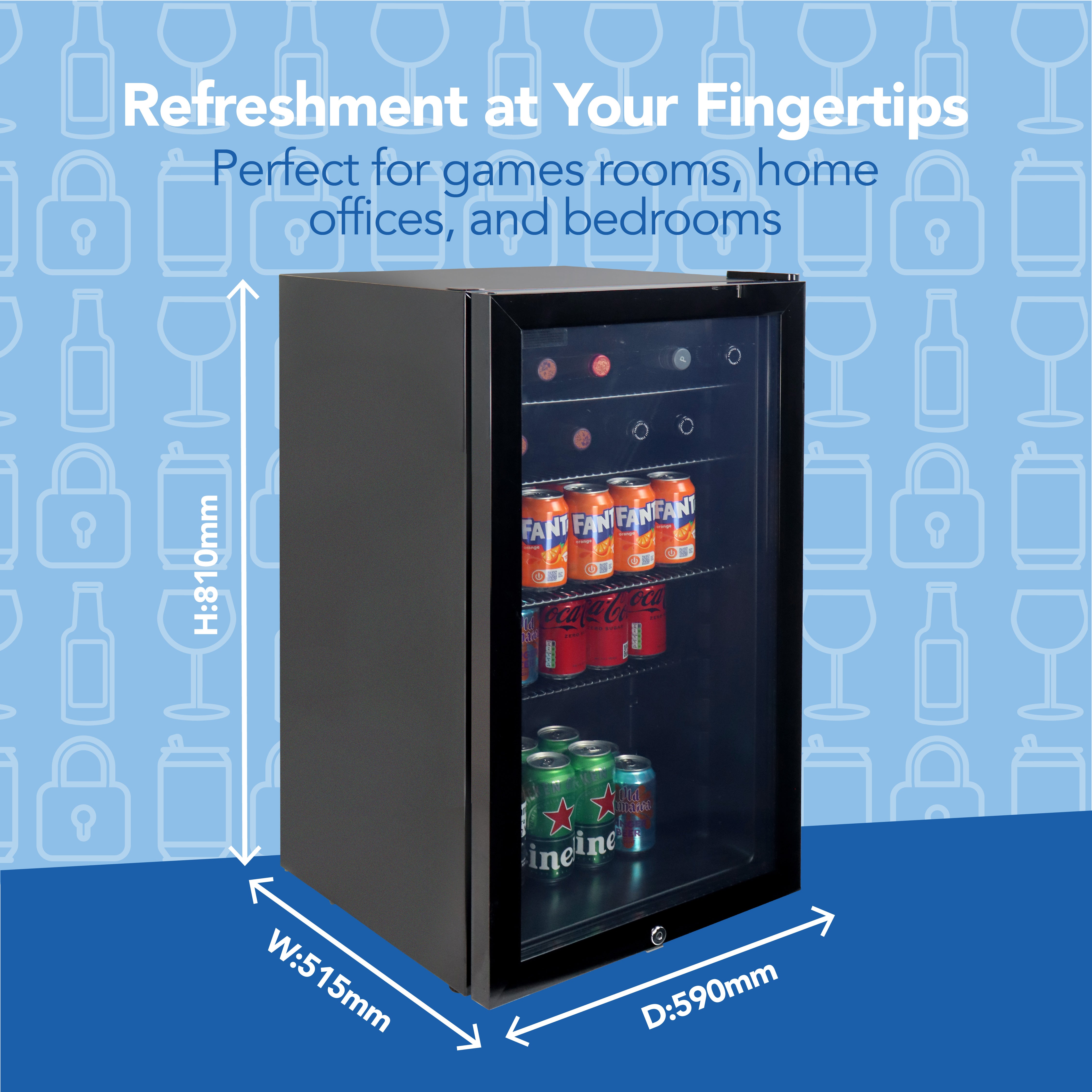 The Igenix Under Counter Drinks Fridge, 98 Litre, Black, features a glass door and fits neatly under counter (810mm H x 515mm W x 590mm D), ideal for home or office use. Pictured against a blue backdrop, it’s stocked with soda cans and beer bottles.