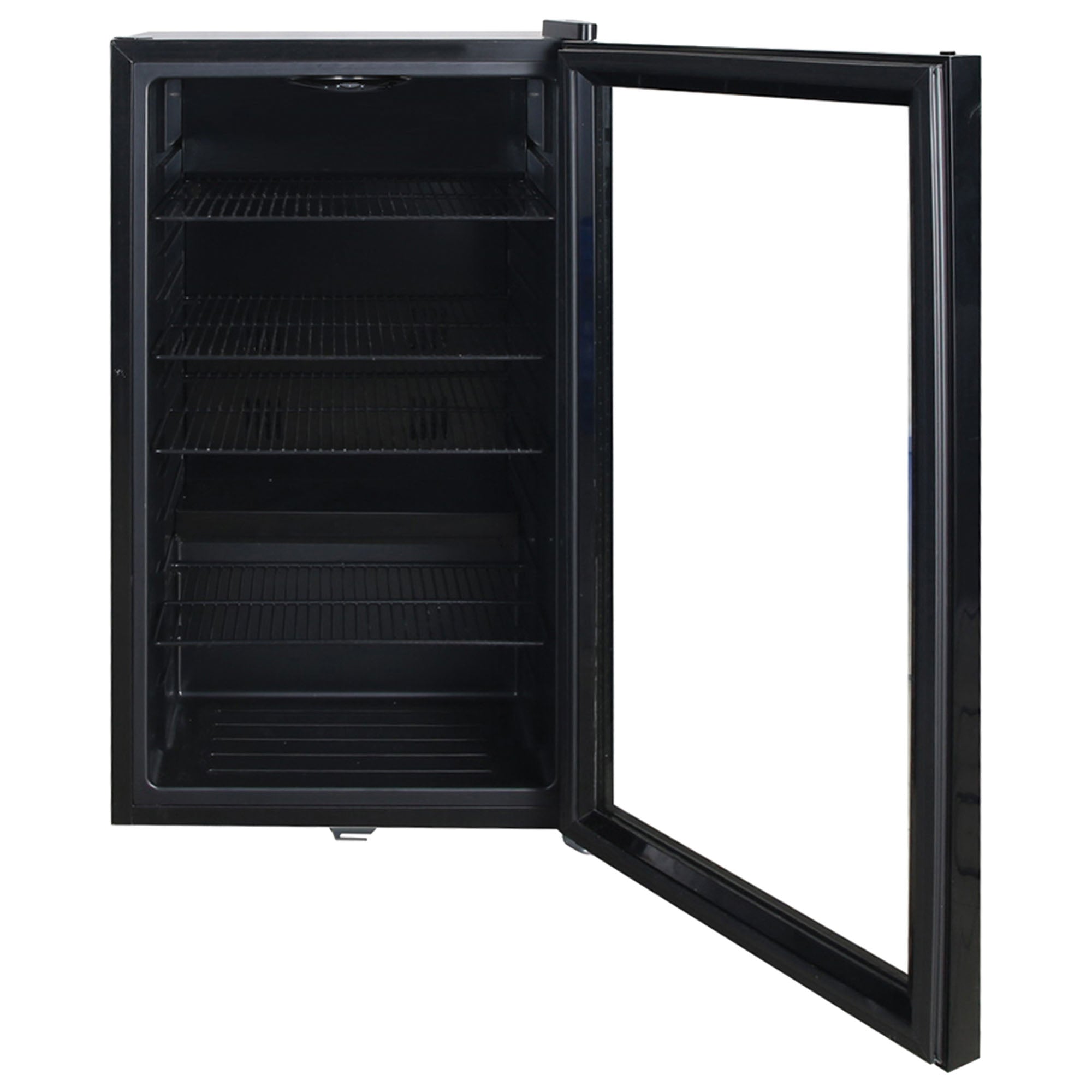 The Igenix Under Counter Drinks Fridge, 98 Litre, Black, features an open door and multiple wire shelves for your beverages. Perfect as an under counter fridge to keep drinks cool and organized.