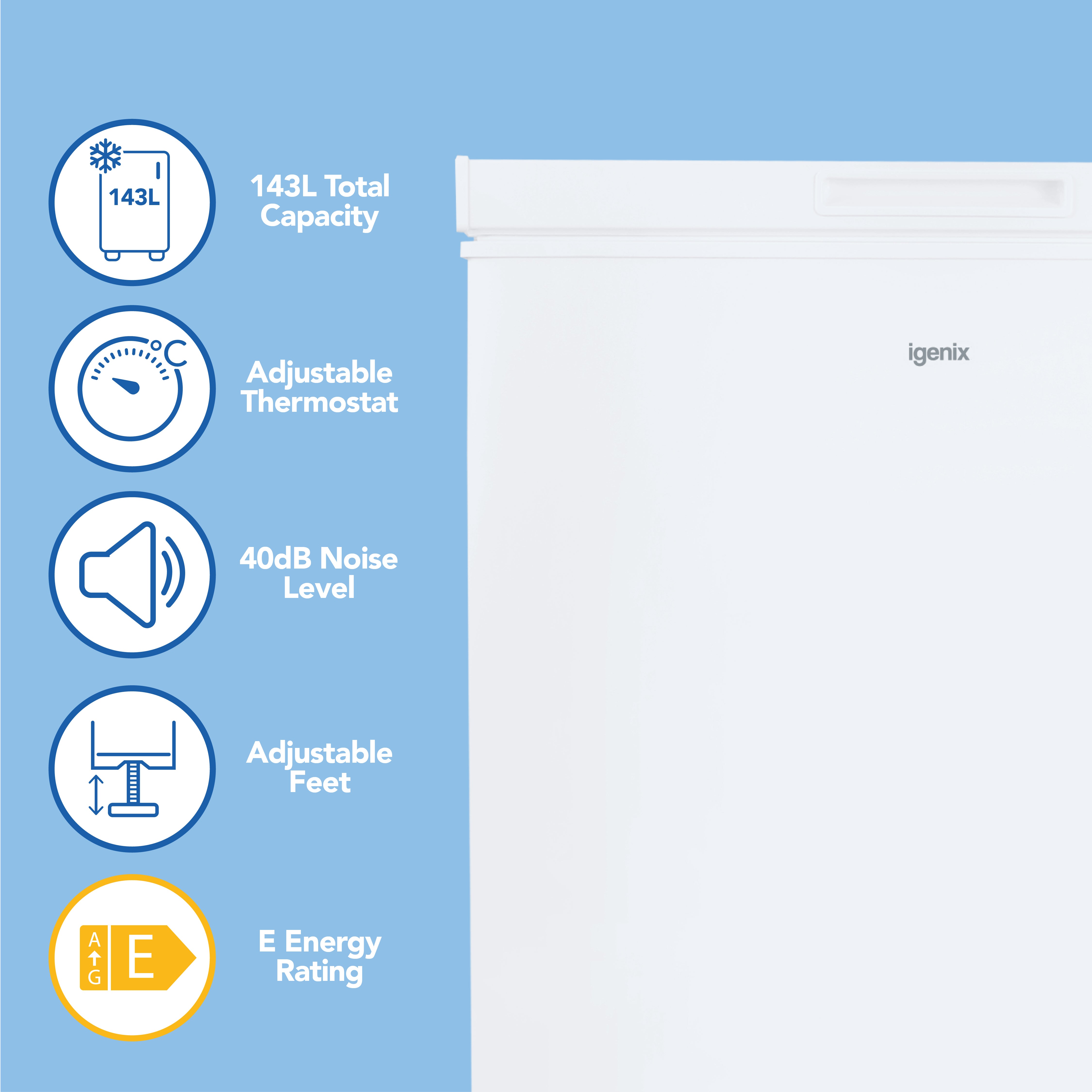 Half image of the Igenix Freestanding Chest Freezer, 143 Litre, White, with icons for adjustable thermostat, 40dB noise level, adjustable feet, E energy rating, and 143L capacity. Energy-efficient freezer on a light blue background.