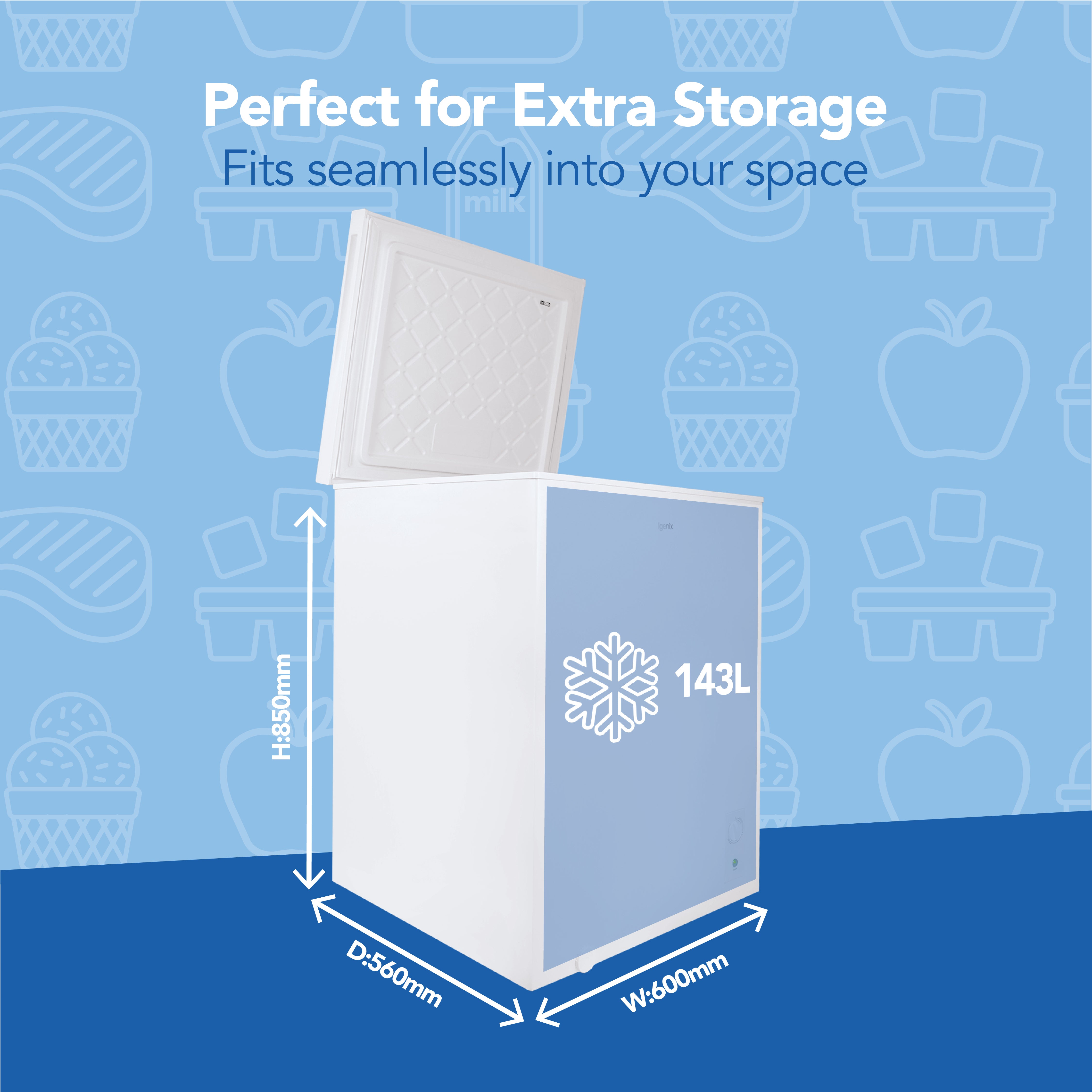 The Igenix Freestanding Chest Freezer, 143 Litre, White is shown with its lid open and blue food icons in the background. Text highlights its 143L capacity, energy-efficient design, and dimensions: 850mm H x 560mm D x 600mm W.