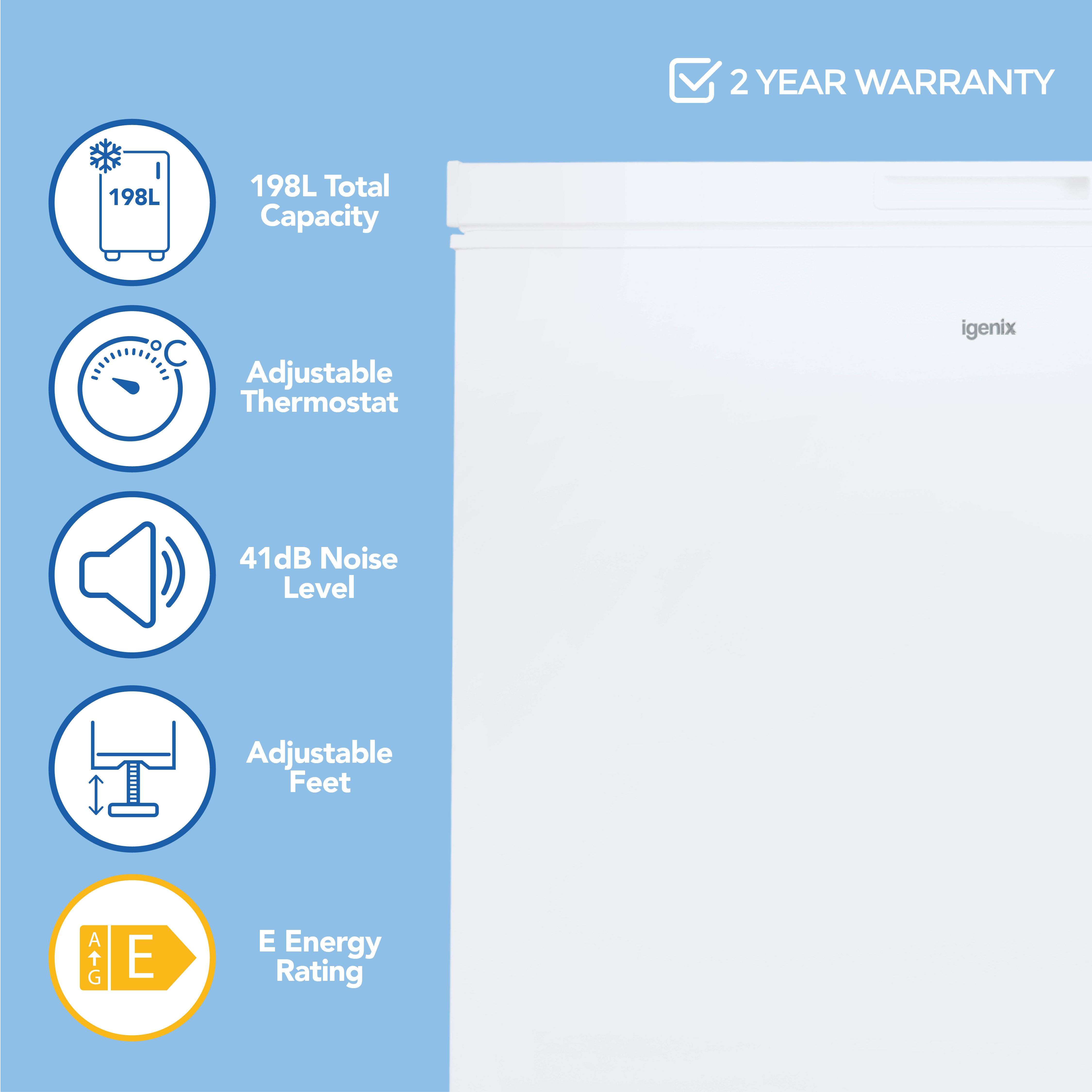 Light blue infographic for the Igenix Freestanding Chest Freezer, 198L, White—showcasing adjustable thermostat, 41dB noise level, adjustable feet, E energy rating, and a 2-year warranty.