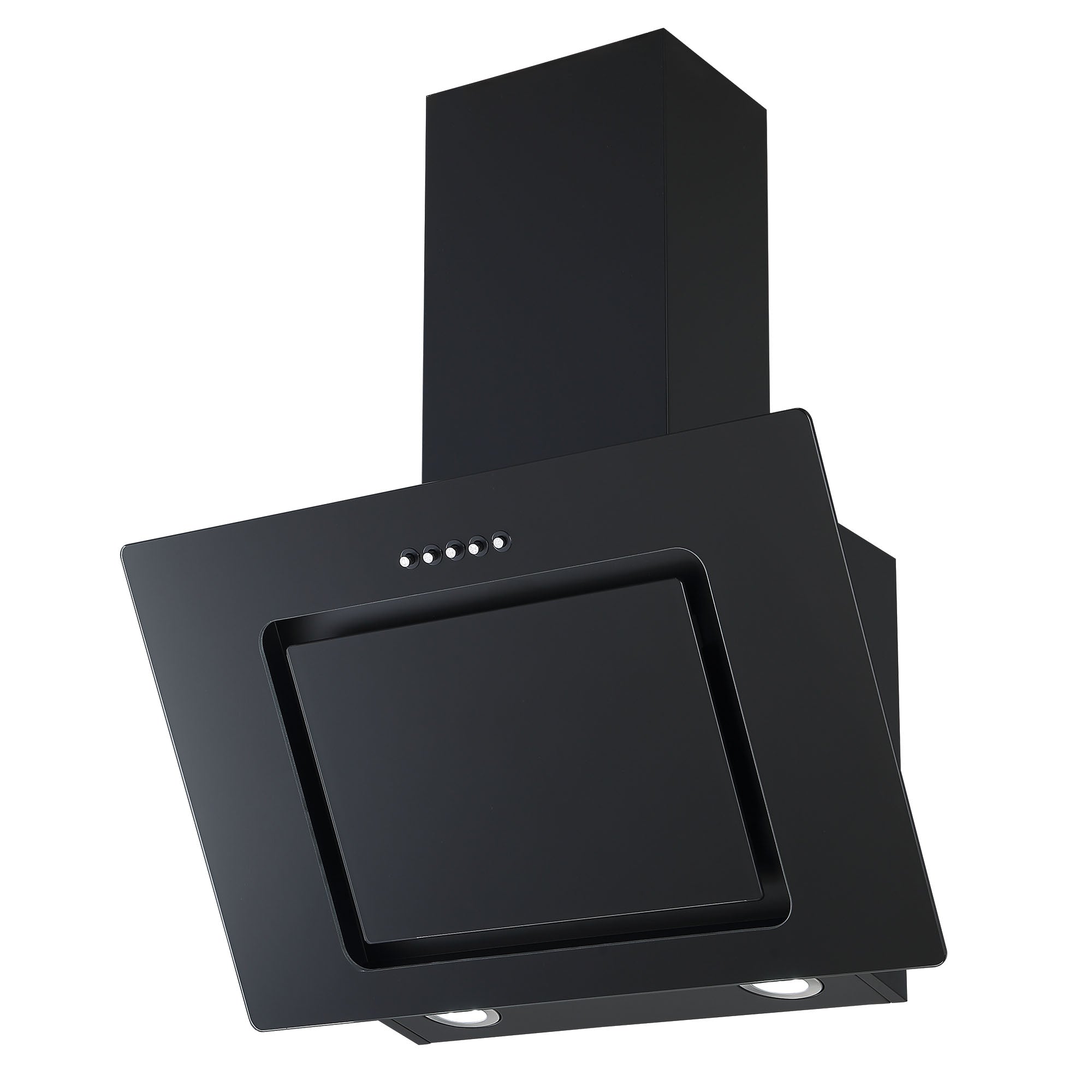 The Igenix 60CM Chimney Cooker Hood in black features a slanted rectangular front panel, top control buttons, and two round lights underneath.