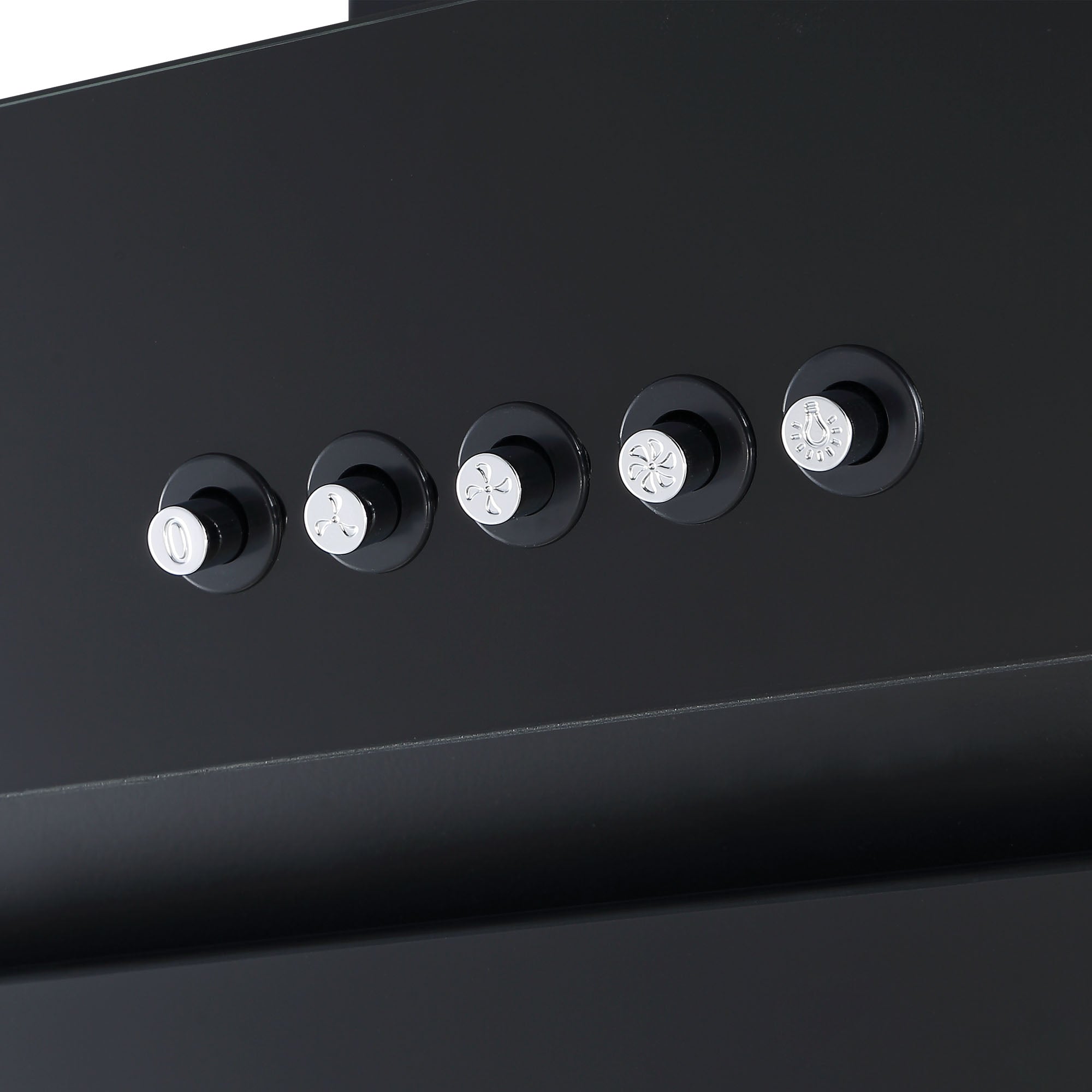 Close-up of five round black and silver control buttons, each with a unique symbol, on the control panel of the Igenix 60CM Chimney Cooker Hood in black.