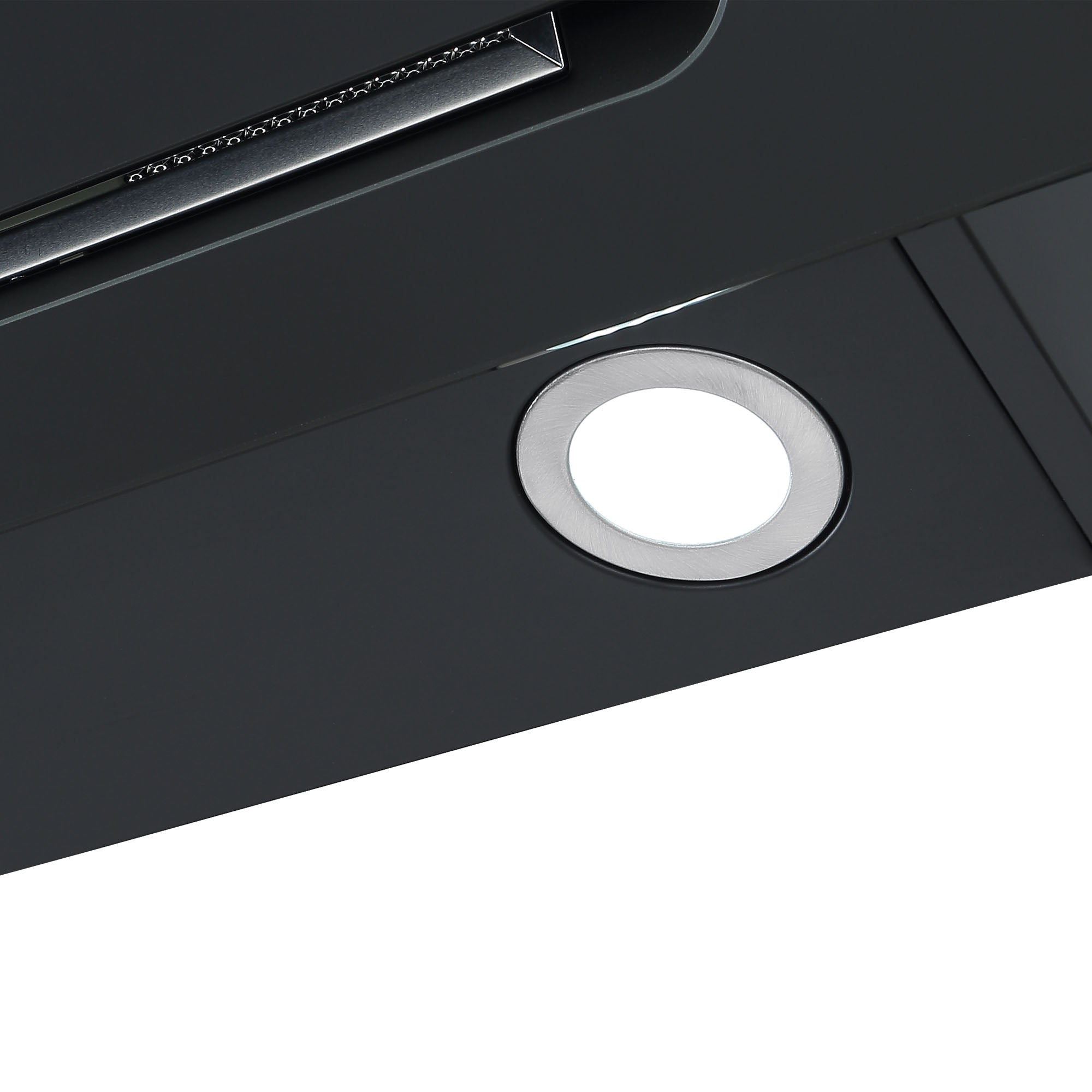 Close-up of a round, silver LED light embedded in the glossy black Igenix 60CM Chimney Cooker Hood, a modern kitchen appliance by Igenix.