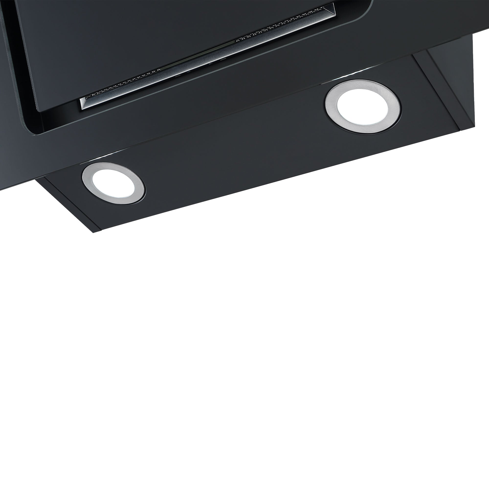 Close-up of the underside of the Igenix 60CM Chimney Cooker Hood in black, featuring two built-in circular lights against a white background.