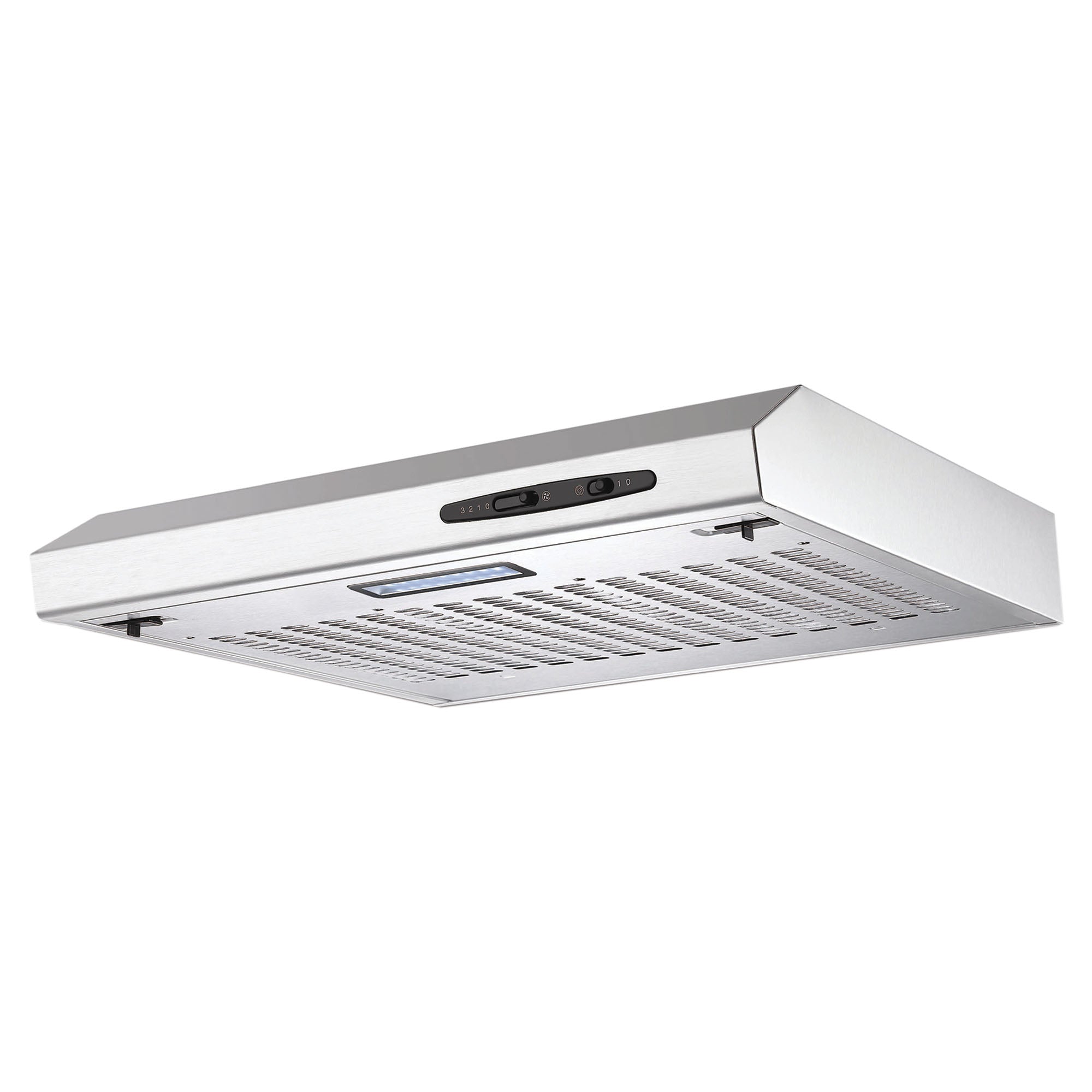 The Igenix 60cm Visor Cooker Hood (72W) in stainless steel features control buttons and a metal mesh filter, shown from a low front angle.