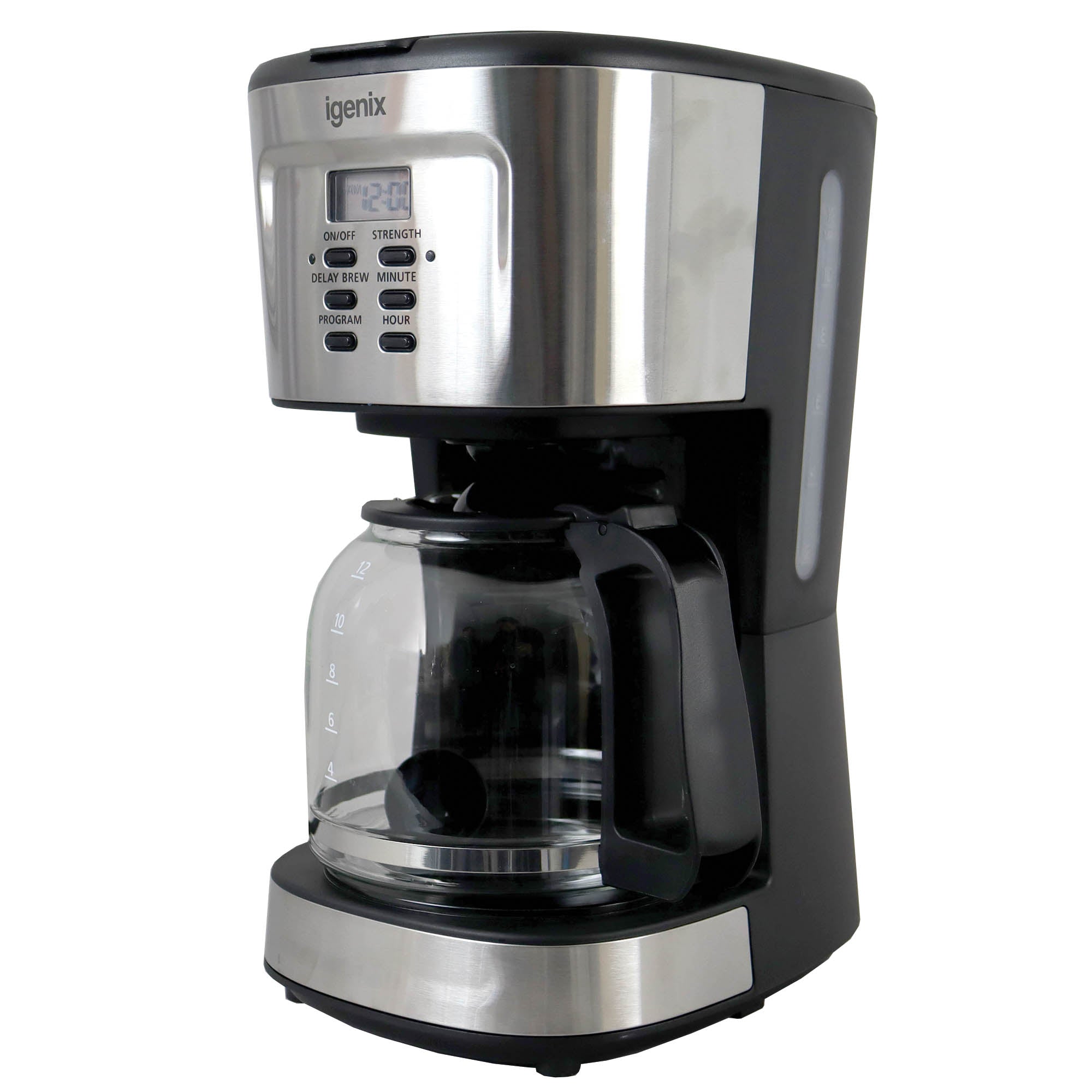 The Igenix IGCM01250SS 1.5L stainless steel coffee maker features a 900W power, LCD display, 24-hour programmable timer, delay brew, keep warm function, anti-drip design, and a dishwasher safe glass carafe on a white background.