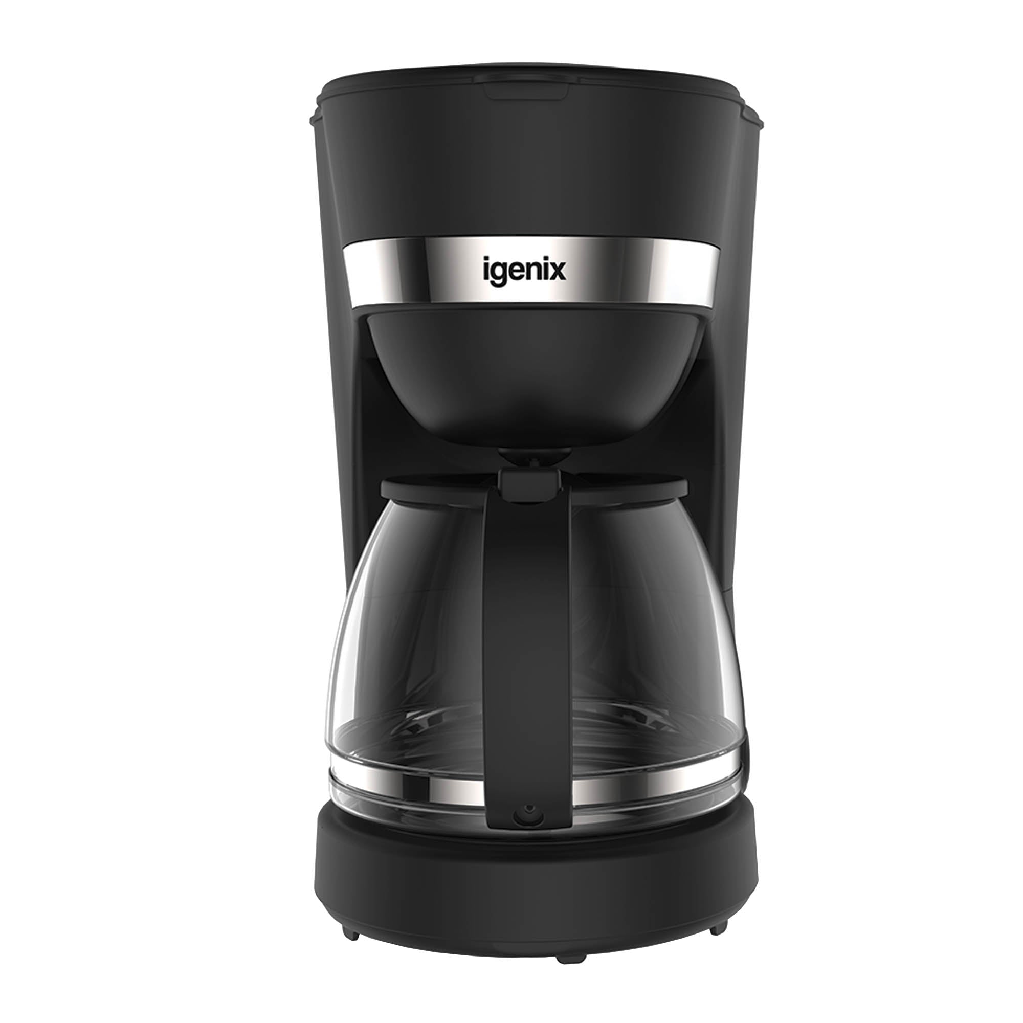 The Igenix 1.25L Filter Coffee Maker (IGCM01286B) in black features a dishwasher-safe glass carafe, anti-drip and keep warm functions, and boil-dry protection—all shown from the front against a white background.